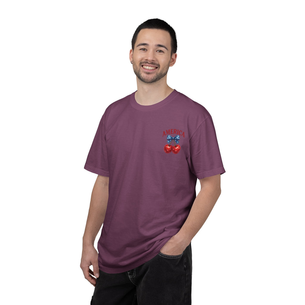 America Cherry Bow T-shirt | Patriotic Stars & Stripes Cherry Design