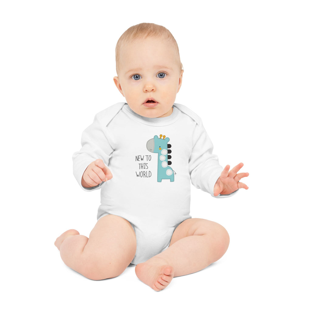 New to This World Baby Bodysuit — Organic Long-Sleeve Giraffe Baby Onesie
