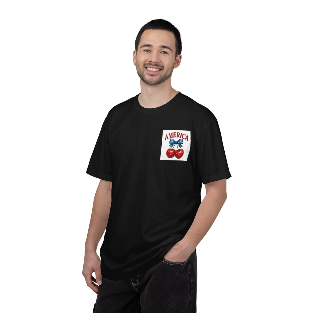 America Cherry Bow T-shirt | Patriotic Stars & Stripes Cherry Design