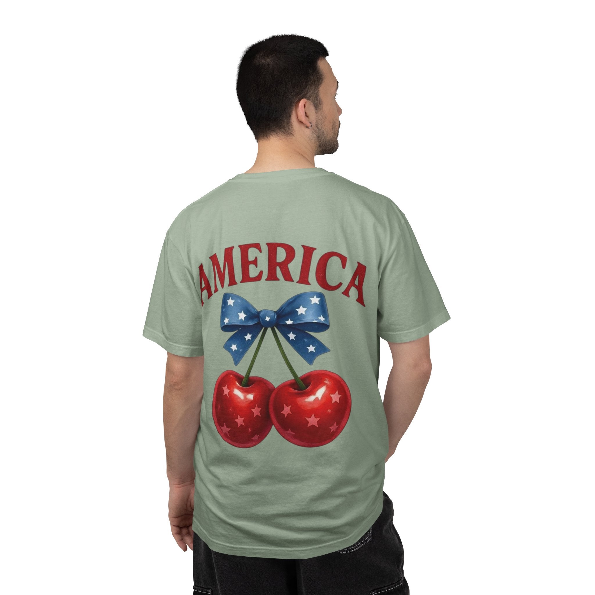 America Cherry Bow T-shirt | Patriotic Stars & Stripes Cherry Design