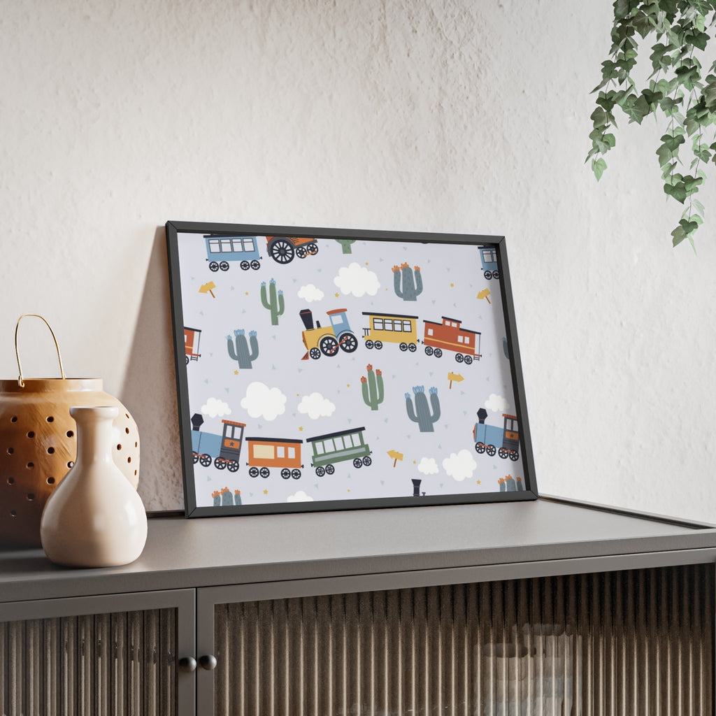 Kids' Train Poster with Wooden Frame — Nursery Wall Art, Playroom Decor