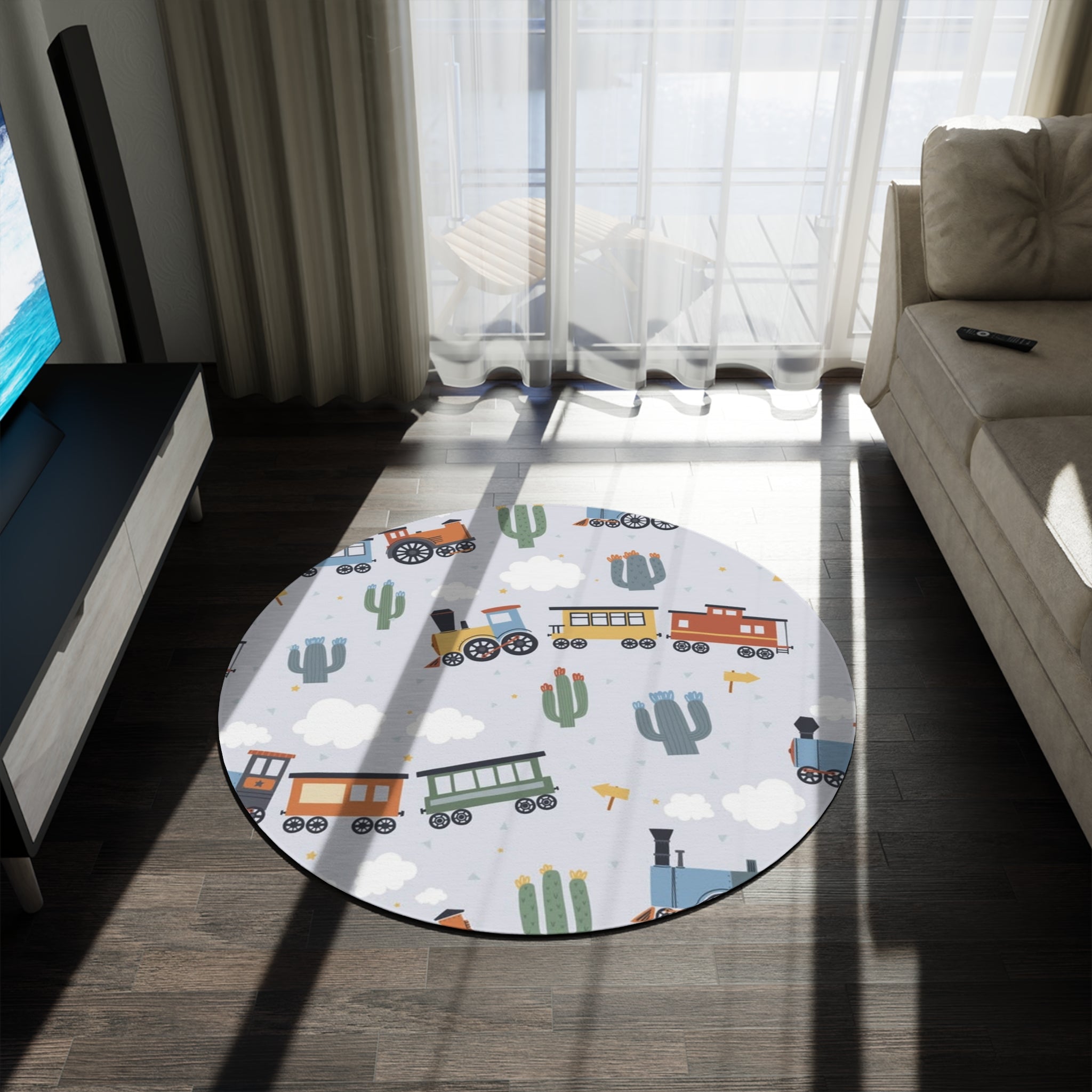 Kids' Round Rug — Colorful Train Pattern Playroom Mat