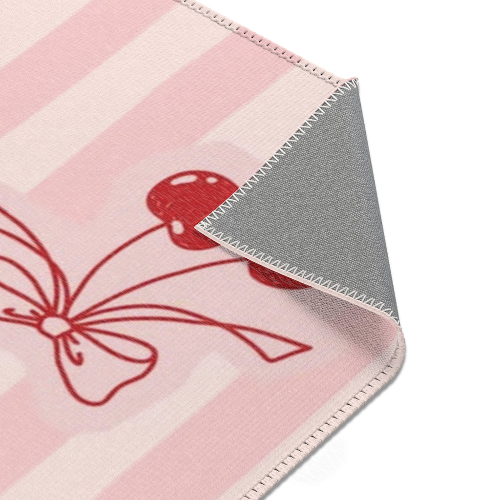 Cherry Bow Area Rug — Pink Striped Cute Kitchen or Nursery Accent Rug