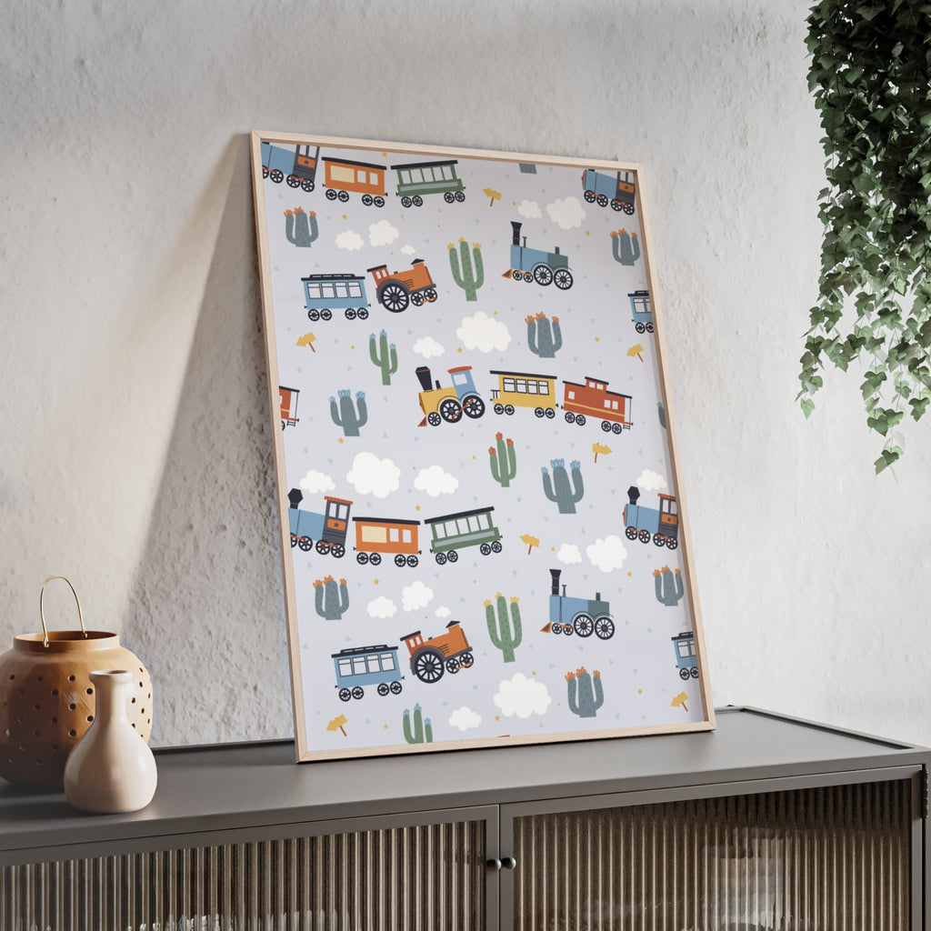 Kids' Train Poster with Wooden Frame — Nursery Wall Art, Playroom Decor
