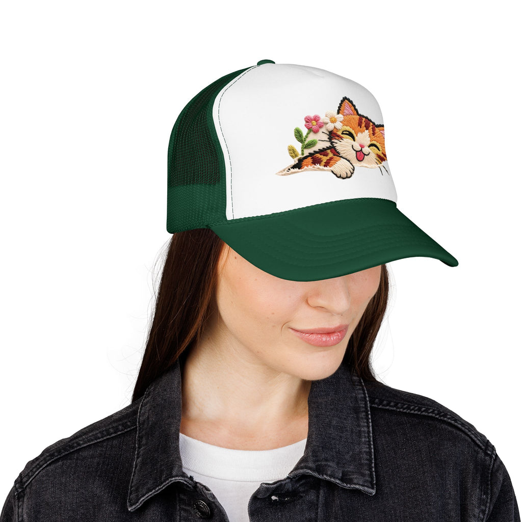 Trucker Hat — Cute Sleeping Calico Cat with Flowers Foam Mesh Cap