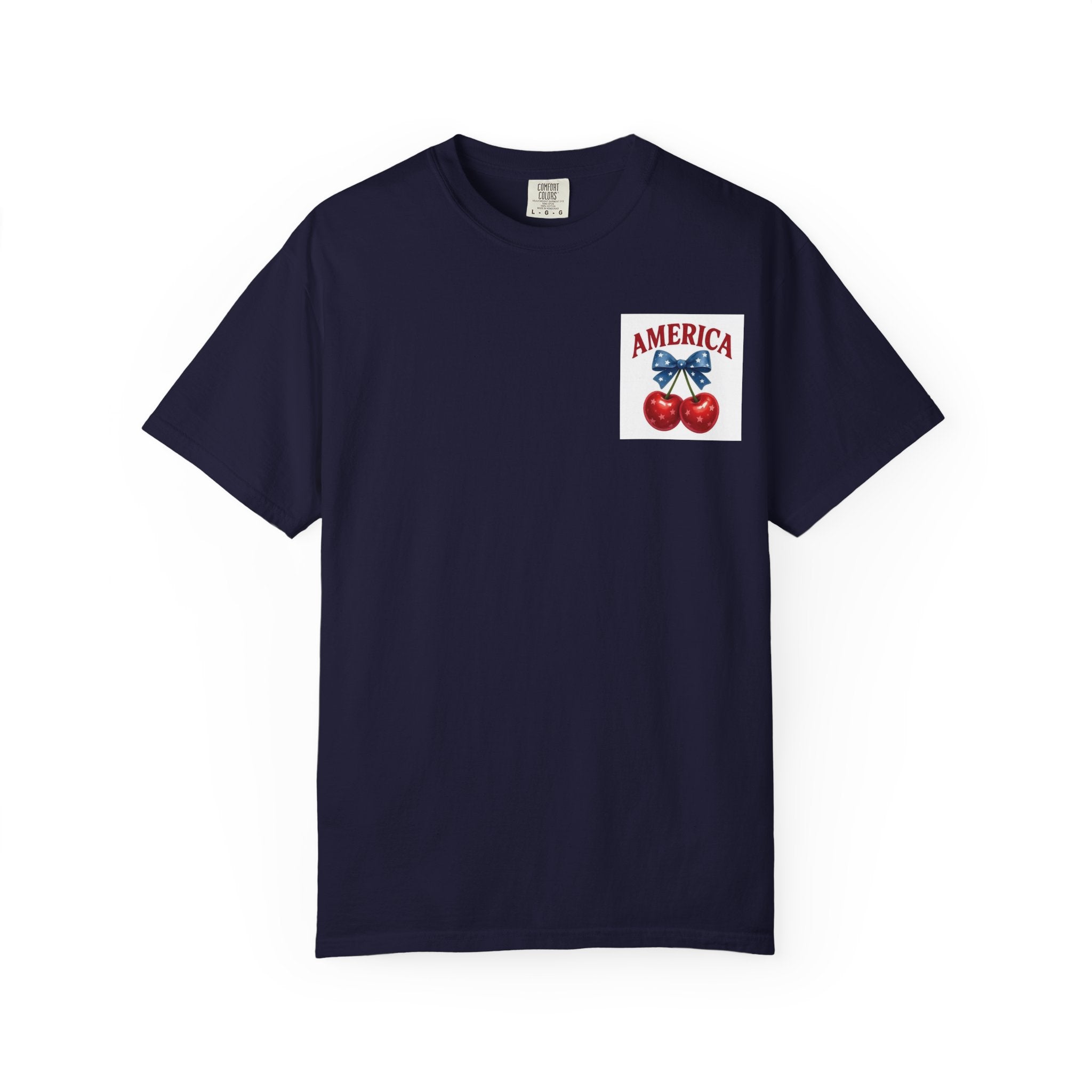 America Cherry Bow T-shirt | Patriotic Stars & Stripes Cherry Design
