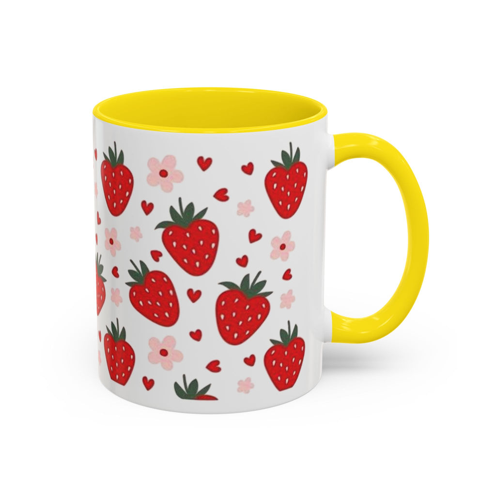 Strawberry Pattern Accent Coffee Mug — Cute Red Berries & Hearts 11/15oz