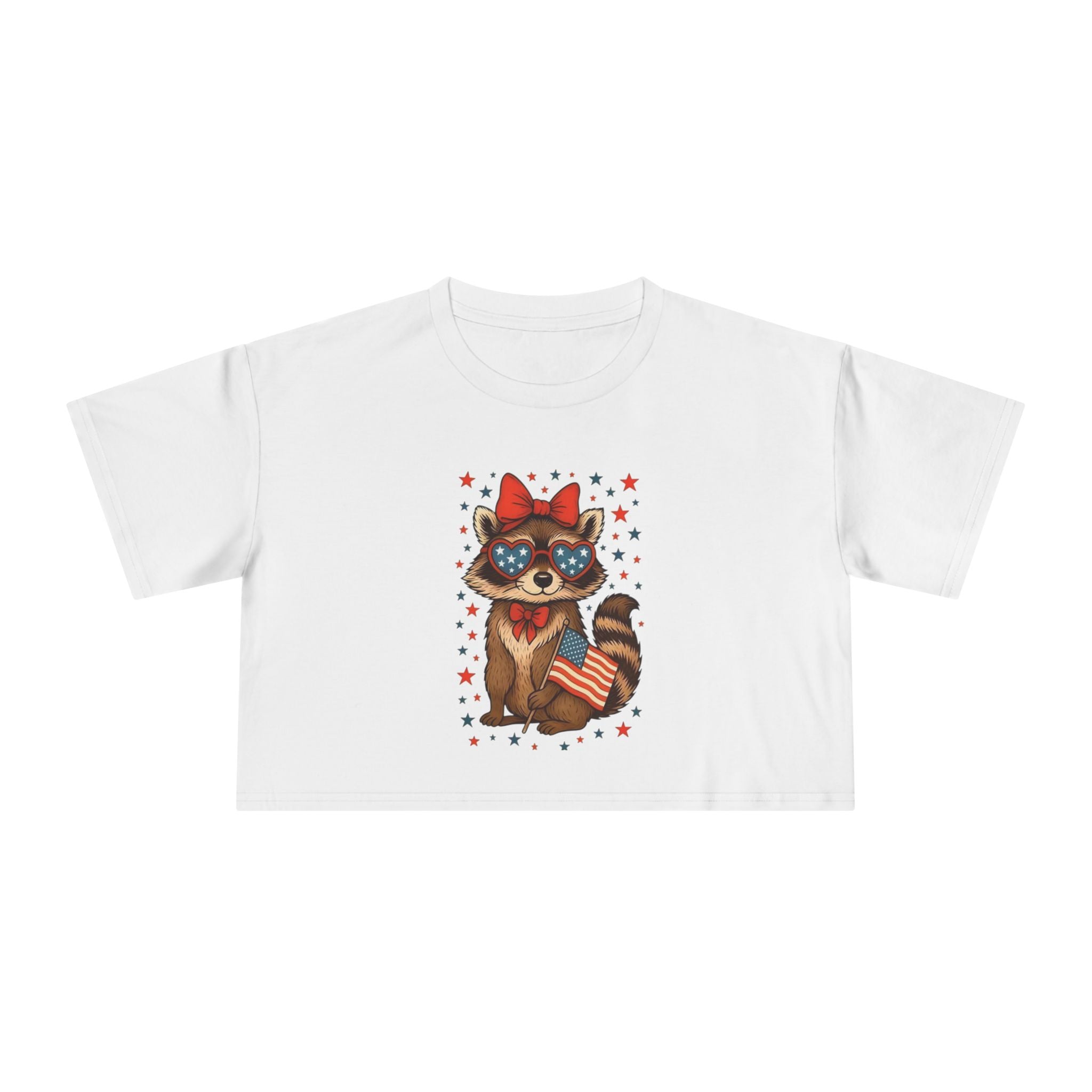 Patriotic Raccoon Heart Crop Tee | 4th of July Stars & Stripes