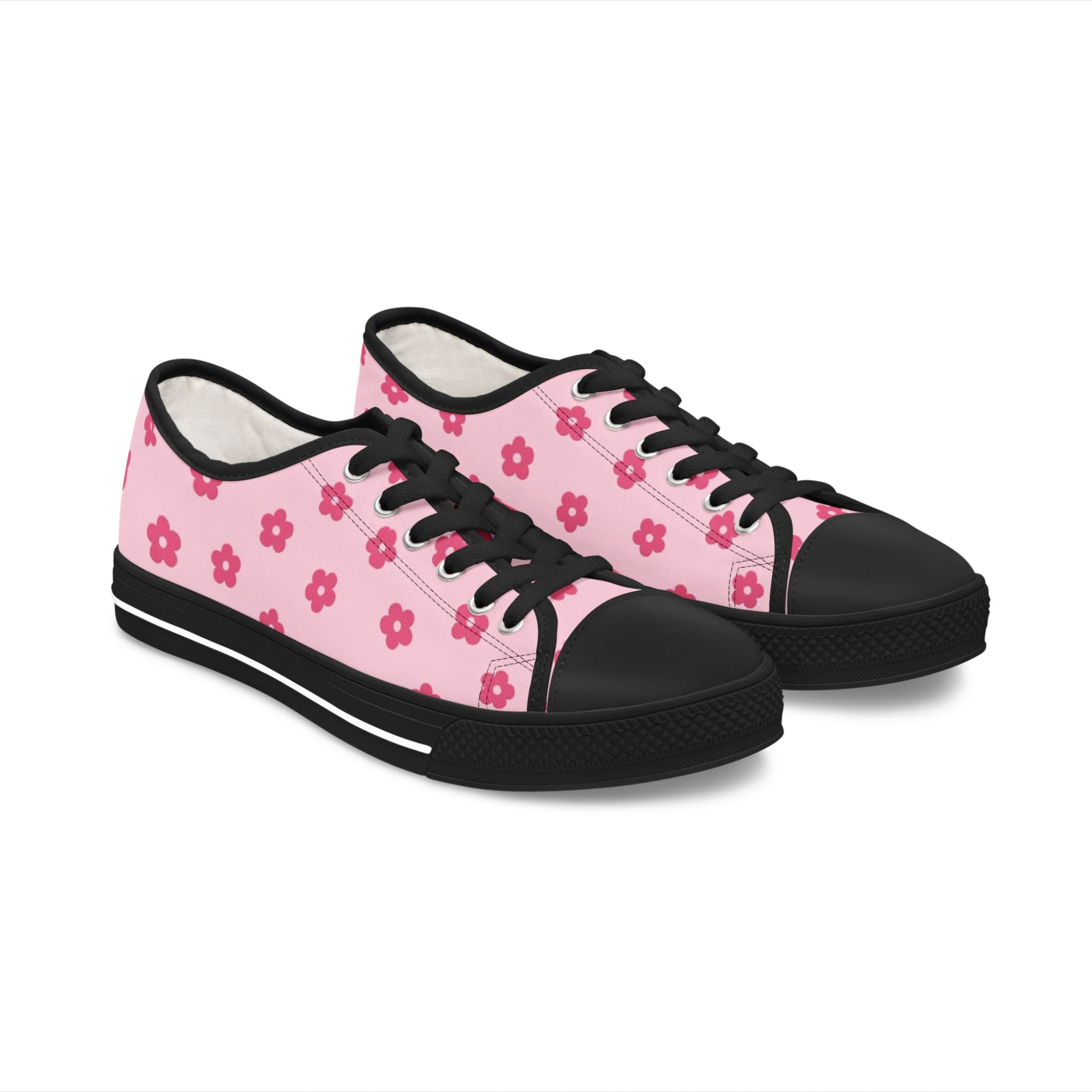 Low Top Sneakers — Pink Floral Pattern Casual Canvas Shoes for Women