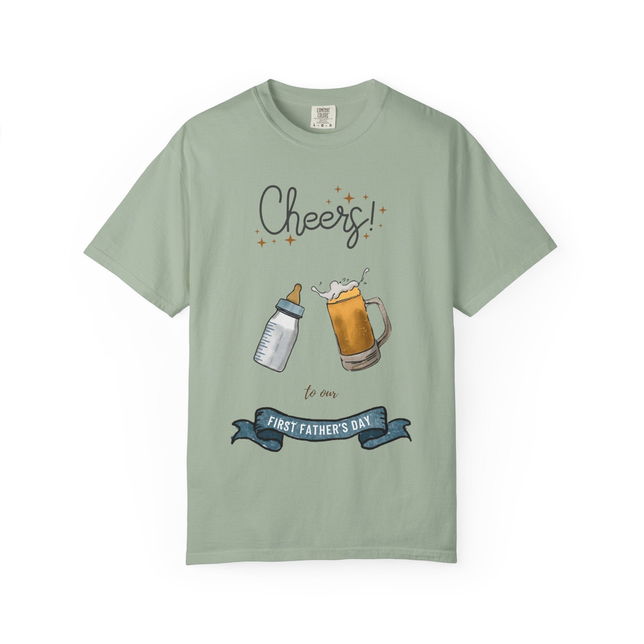 Cheers! Baby Bottle and Beer Mug First Father's Day T-Shirt | New Dad Tee