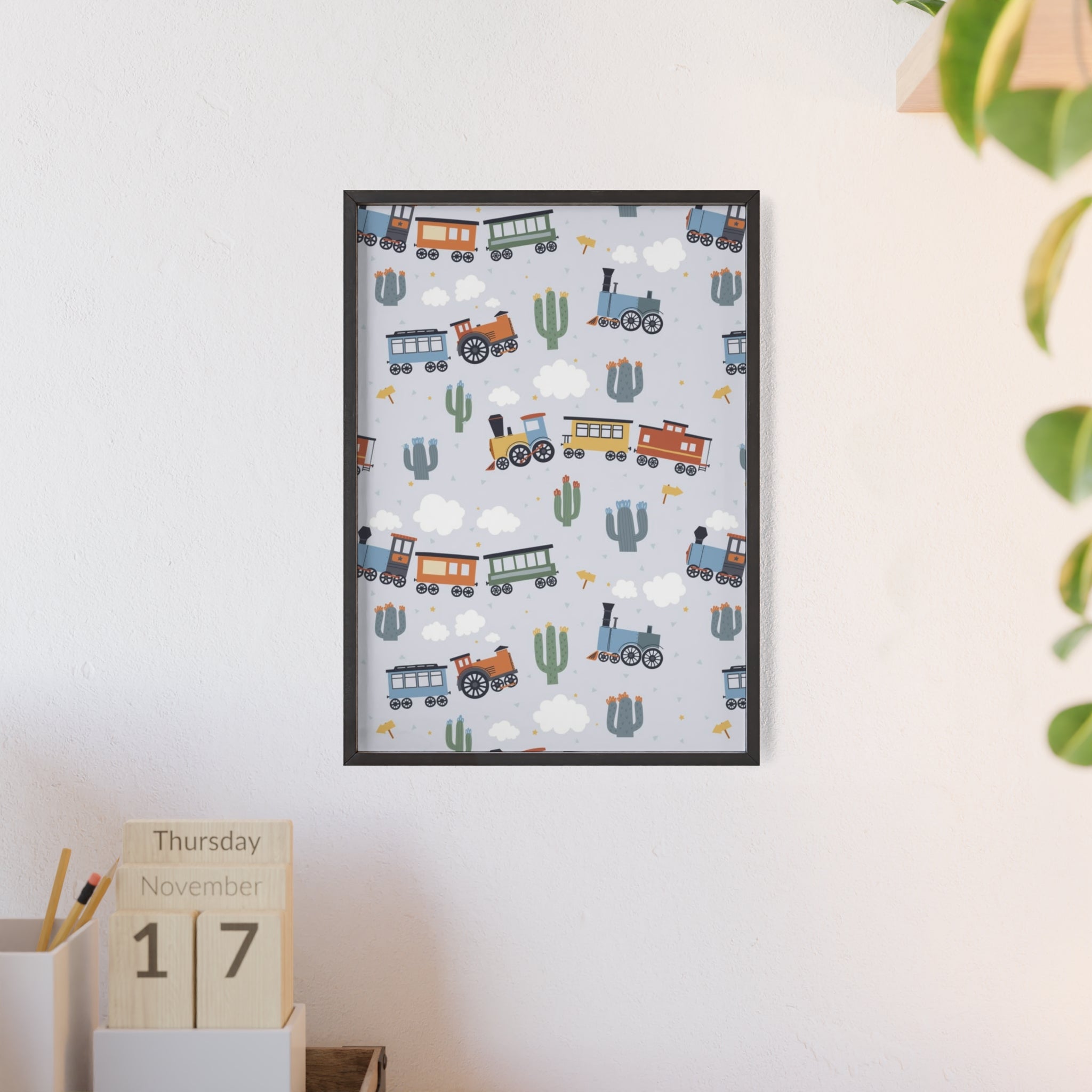Kids' Train Poster with Wooden Frame — Nursery Wall Art, Playroom Decor