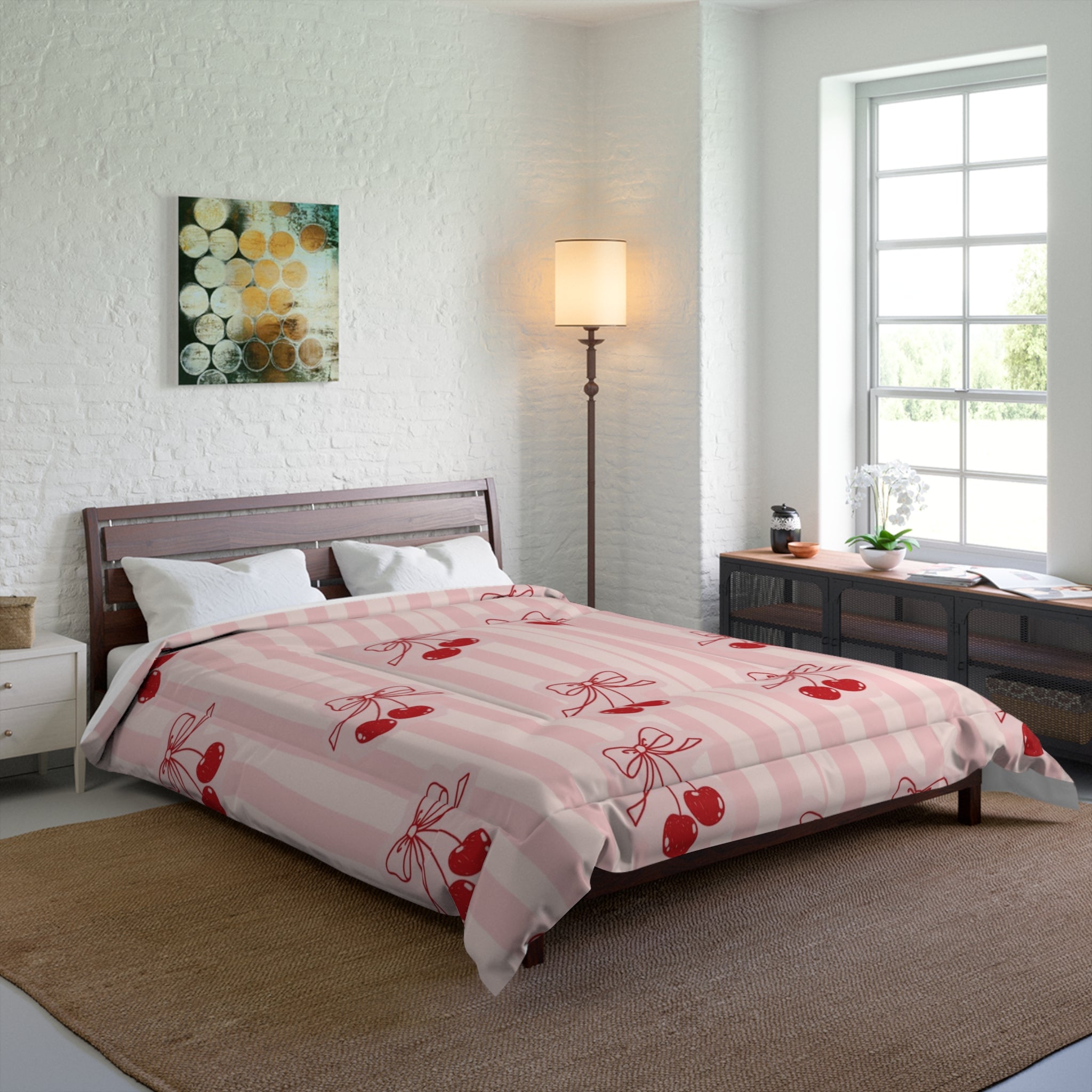 Cherry Bow Comforter - Pink Striped Cherry Print Bedding for Girls & Teens