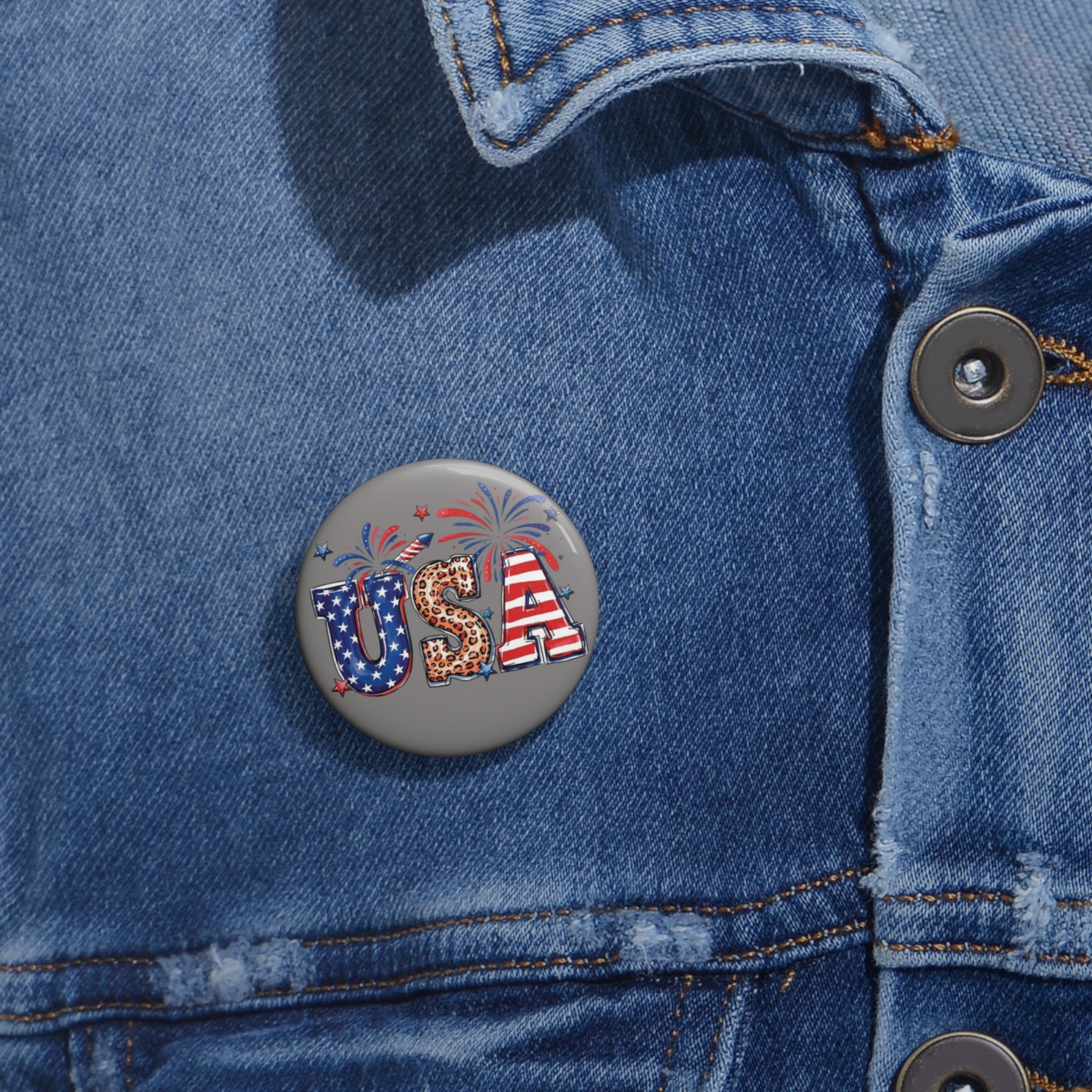 USA Leopard Stars Stripes Pin Button | Patriotic Flag Fireworks