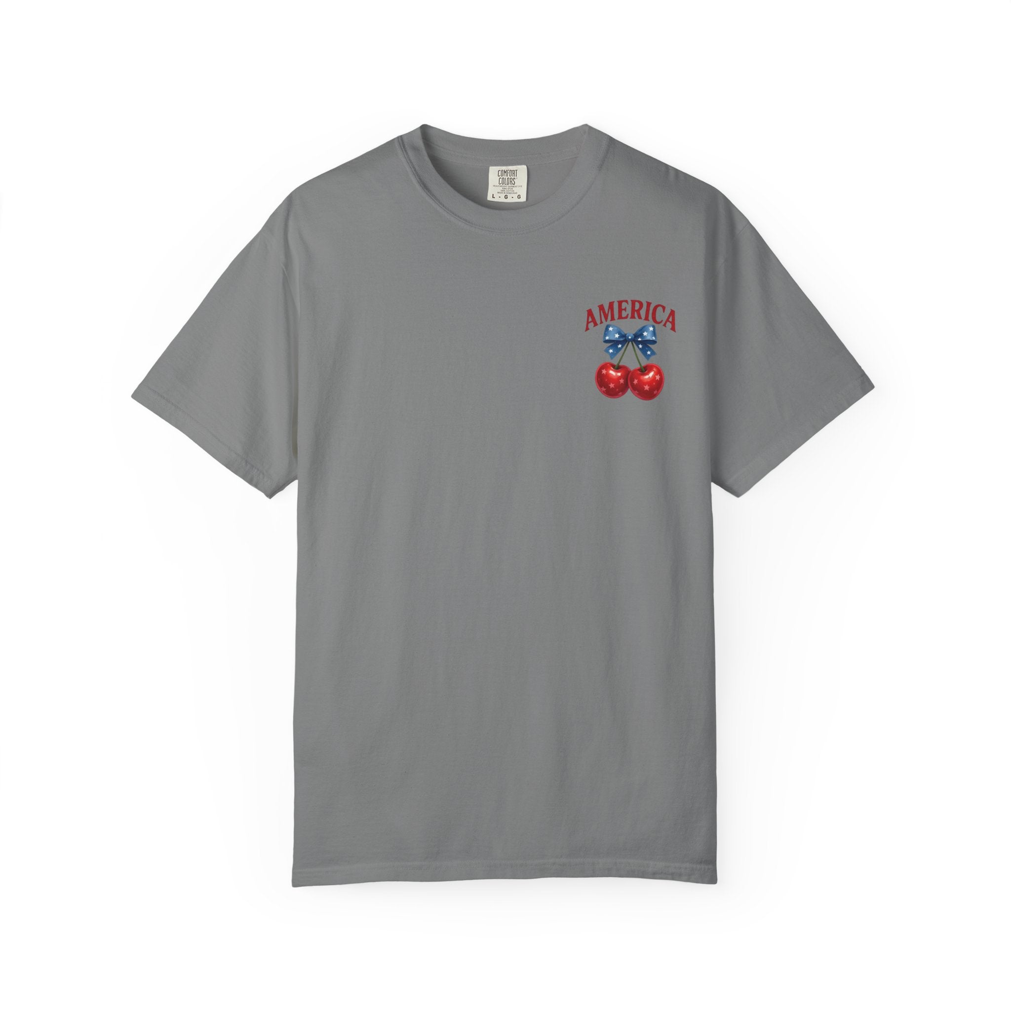 America Cherry Bow T-shirt | Patriotic Stars & Stripes Cherry Design