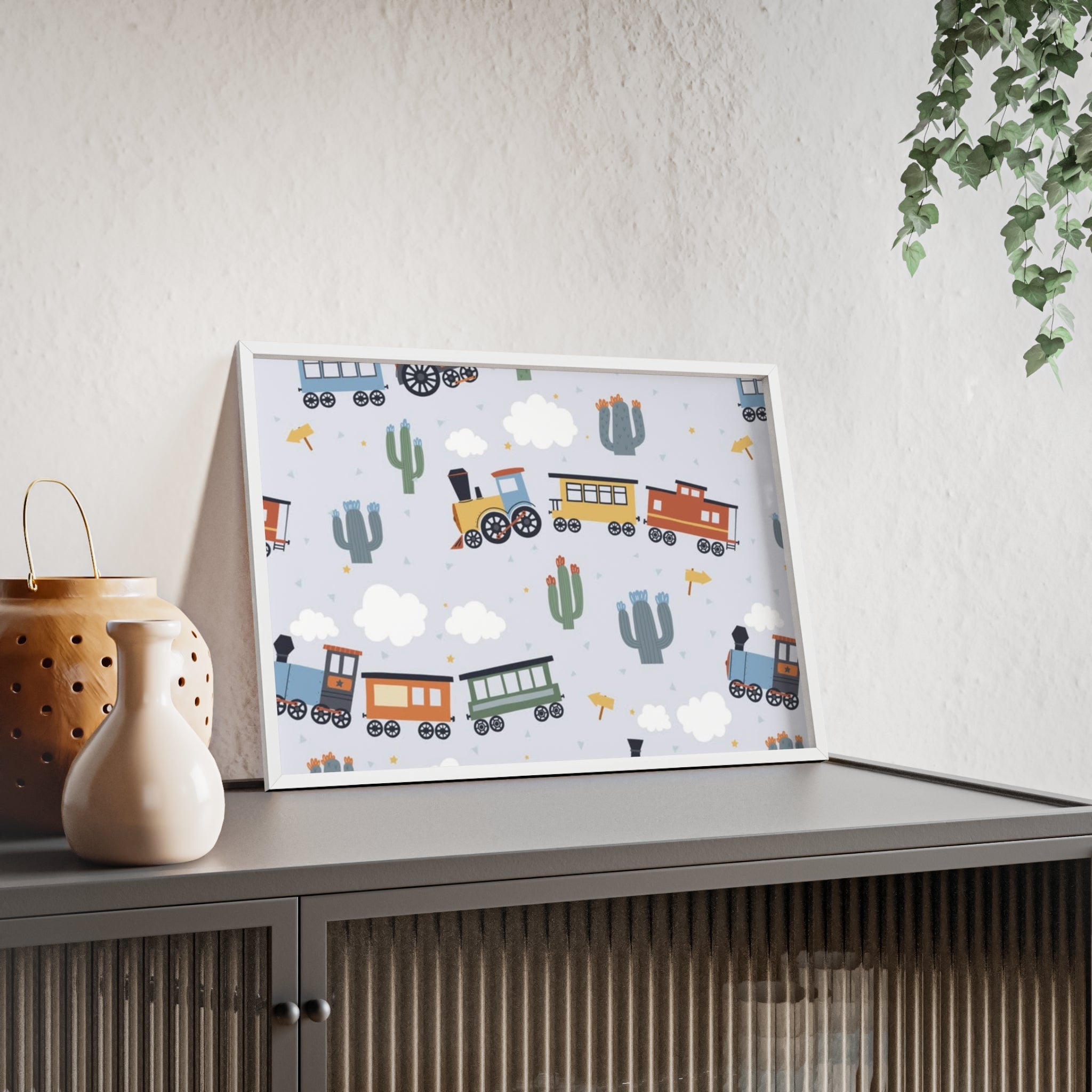 Kids' Train Poster with Wooden Frame — Nursery Wall Art, Playroom Decor