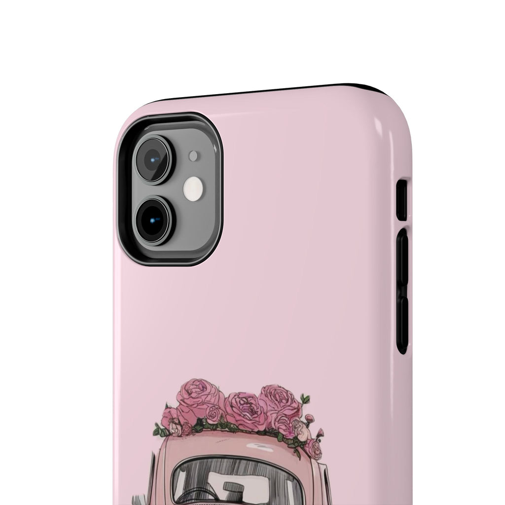 Vintage Pink Beetle with Roses Phone Case | Floral Car Tough Phone Case