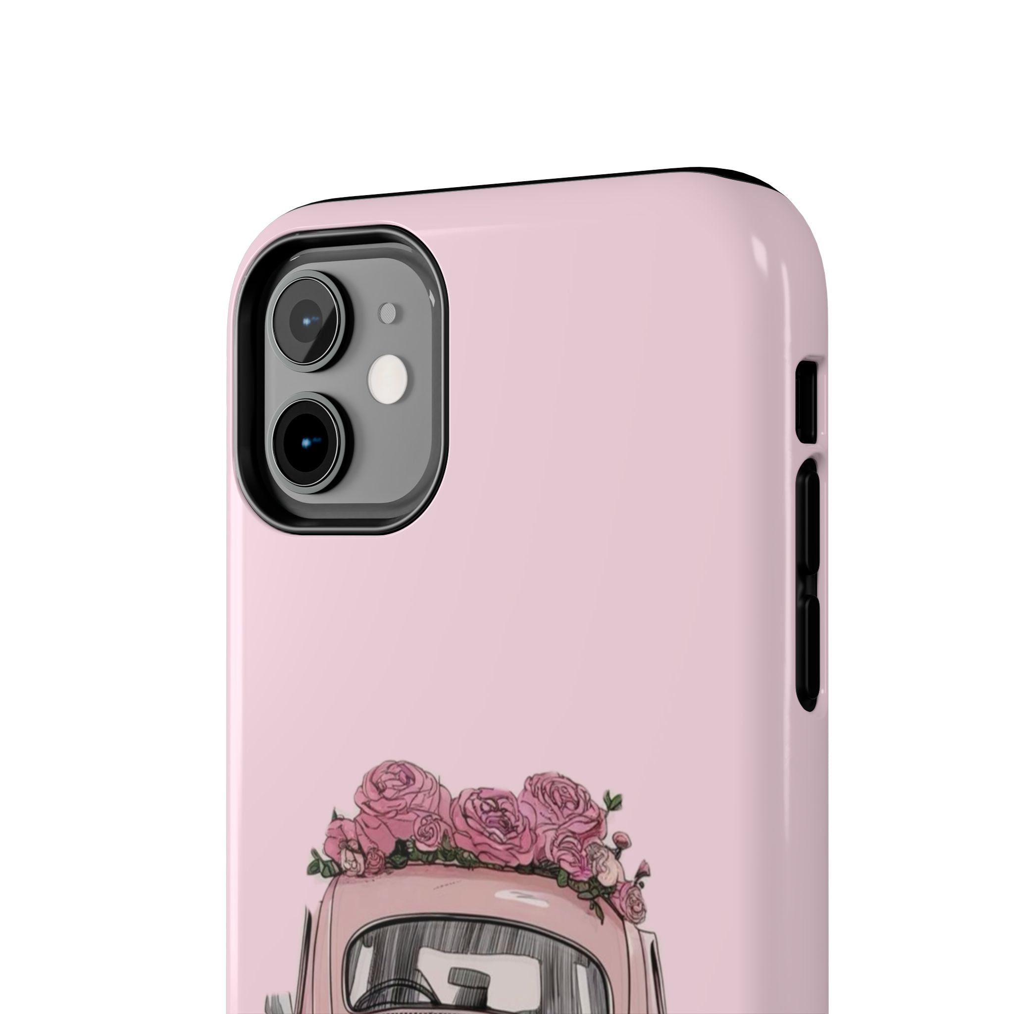 Vintage Pink Beetle with Roses Phone Case | Floral Car Tough Phone Case