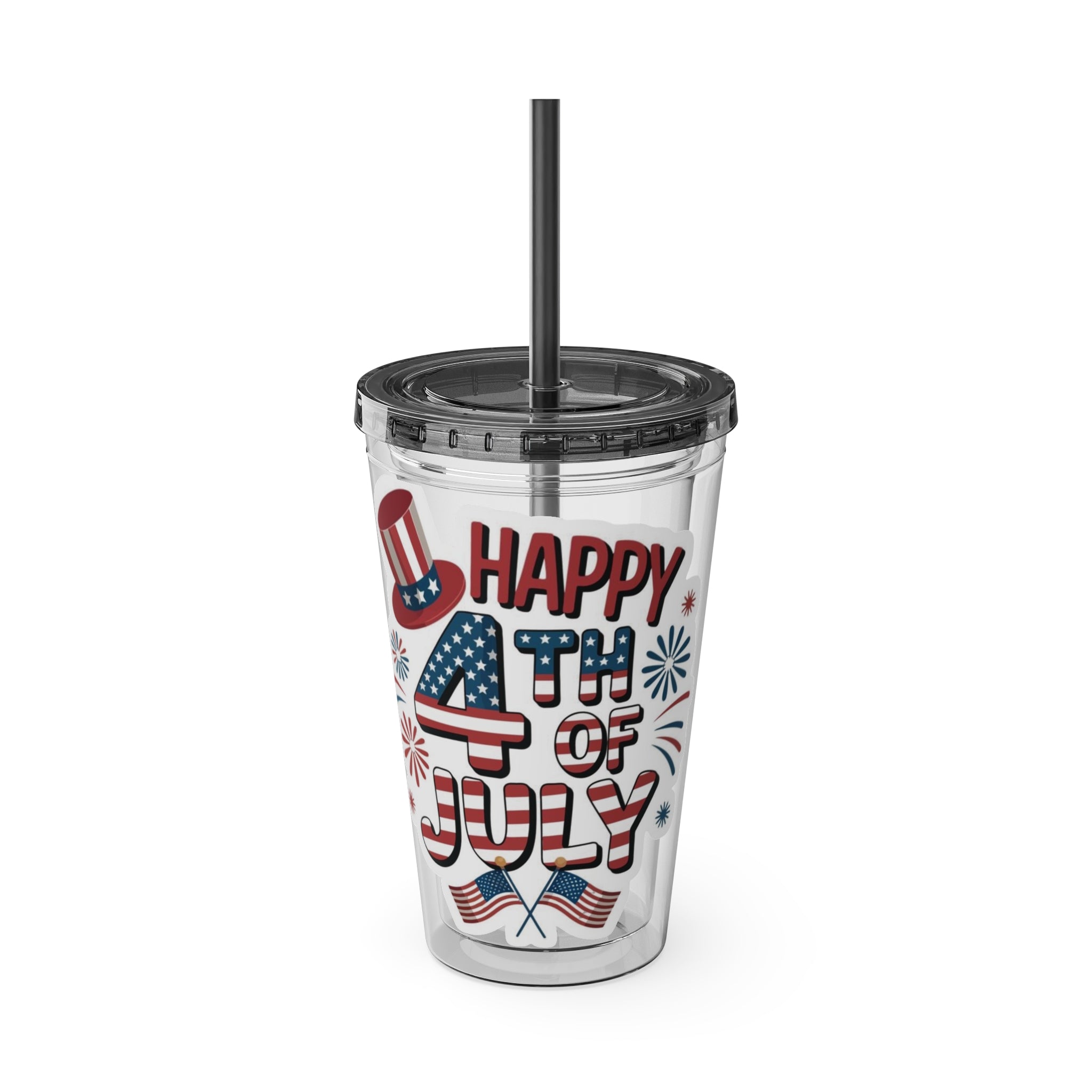 Happy 4th of July Tumbler | 16oz Straw Cup, Patriotic Fireworks Flag Design