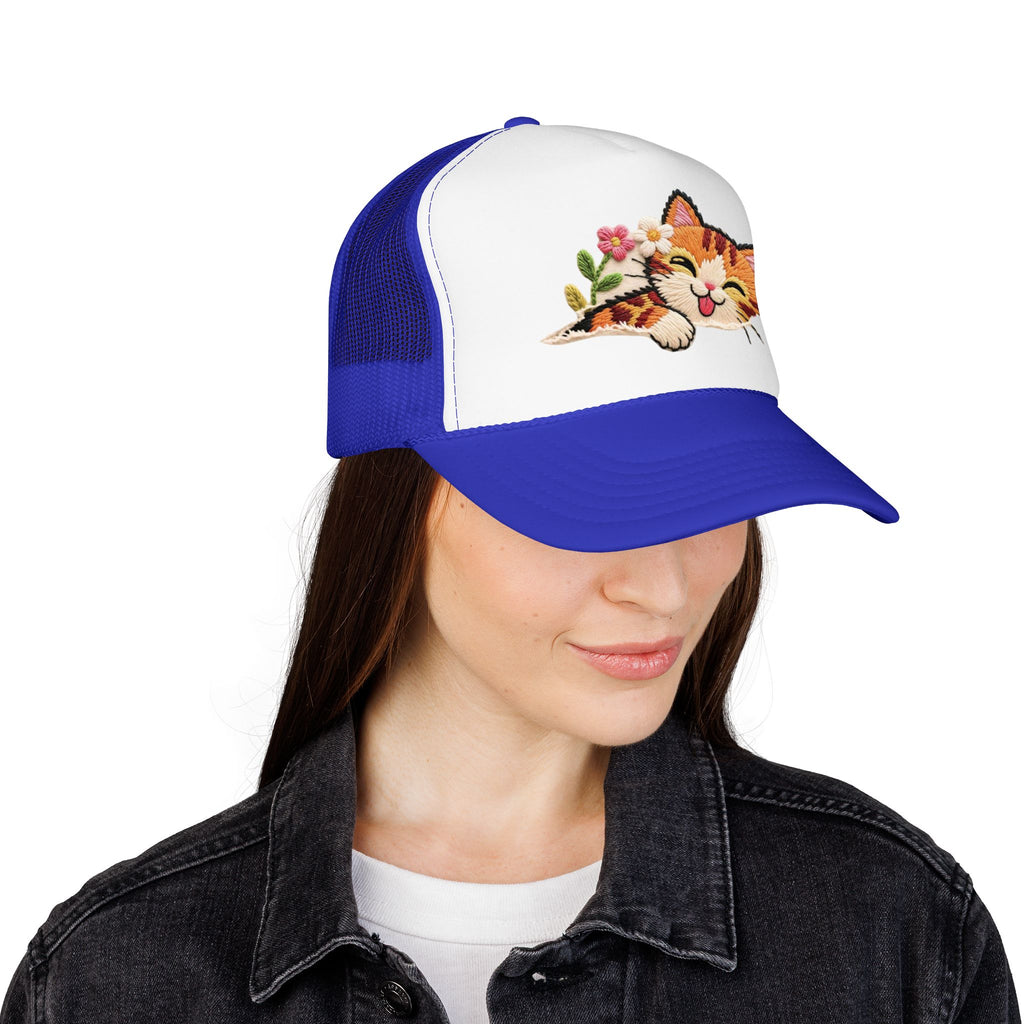 Trucker Hat — Cute Sleeping Calico Cat with Flowers Foam Mesh Cap