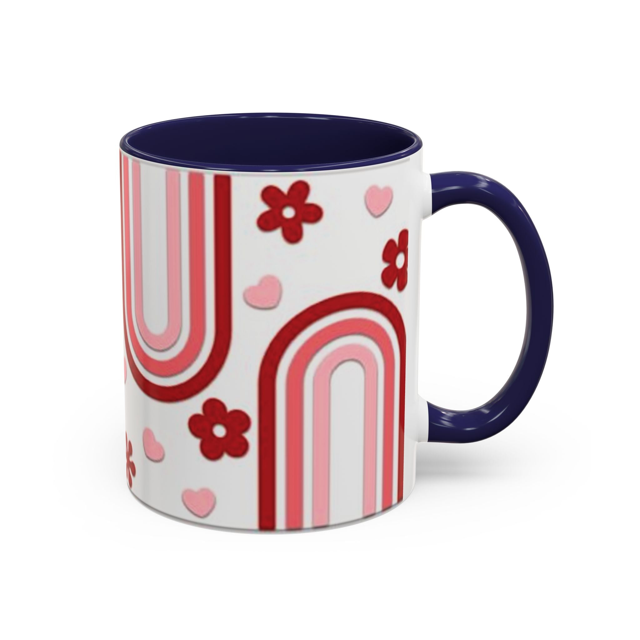 Retro Pink Rainbow Hearts and Flowers Accent Mug | 11oz or 15oz