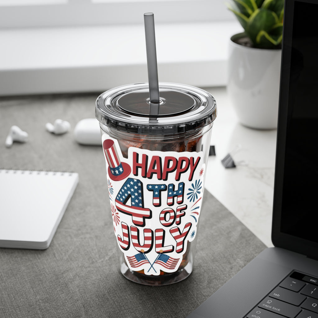 Happy 4th of July Tumbler | 16oz Straw Cup, Patriotic Fireworks Flag Design