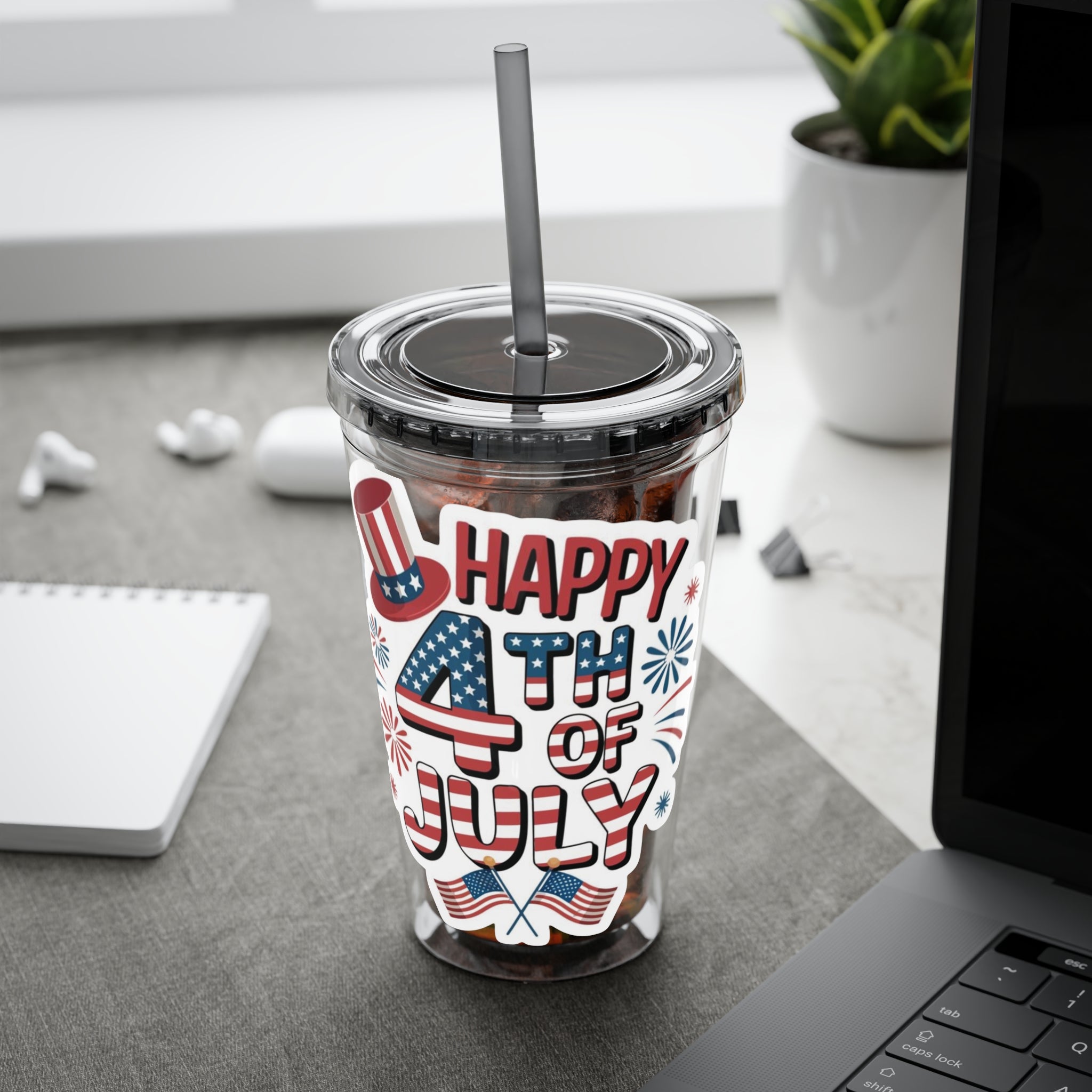 Happy 4th of July Tumbler | 16oz Straw Cup, Patriotic Fireworks Flag Design