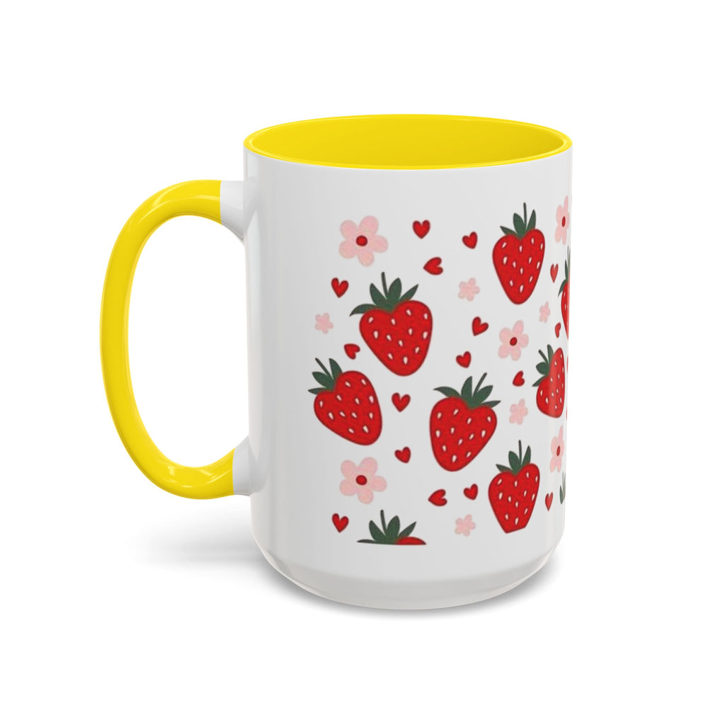 Strawberry Pattern Accent Coffee Mug — Cute Red Berries & Hearts 11/15oz