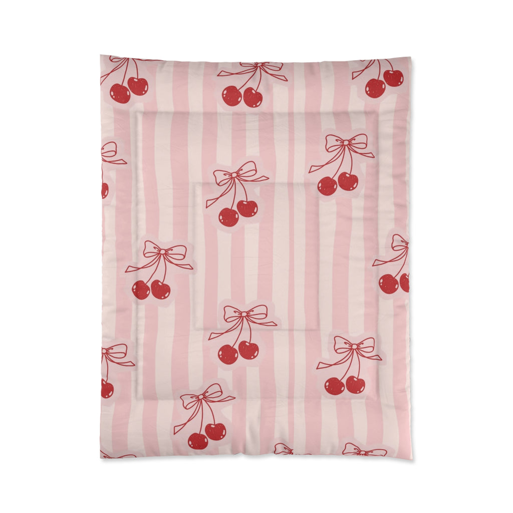 Cherry Bow Comforter - Pink Striped Cherry Print Bedding for Girls & Teens
