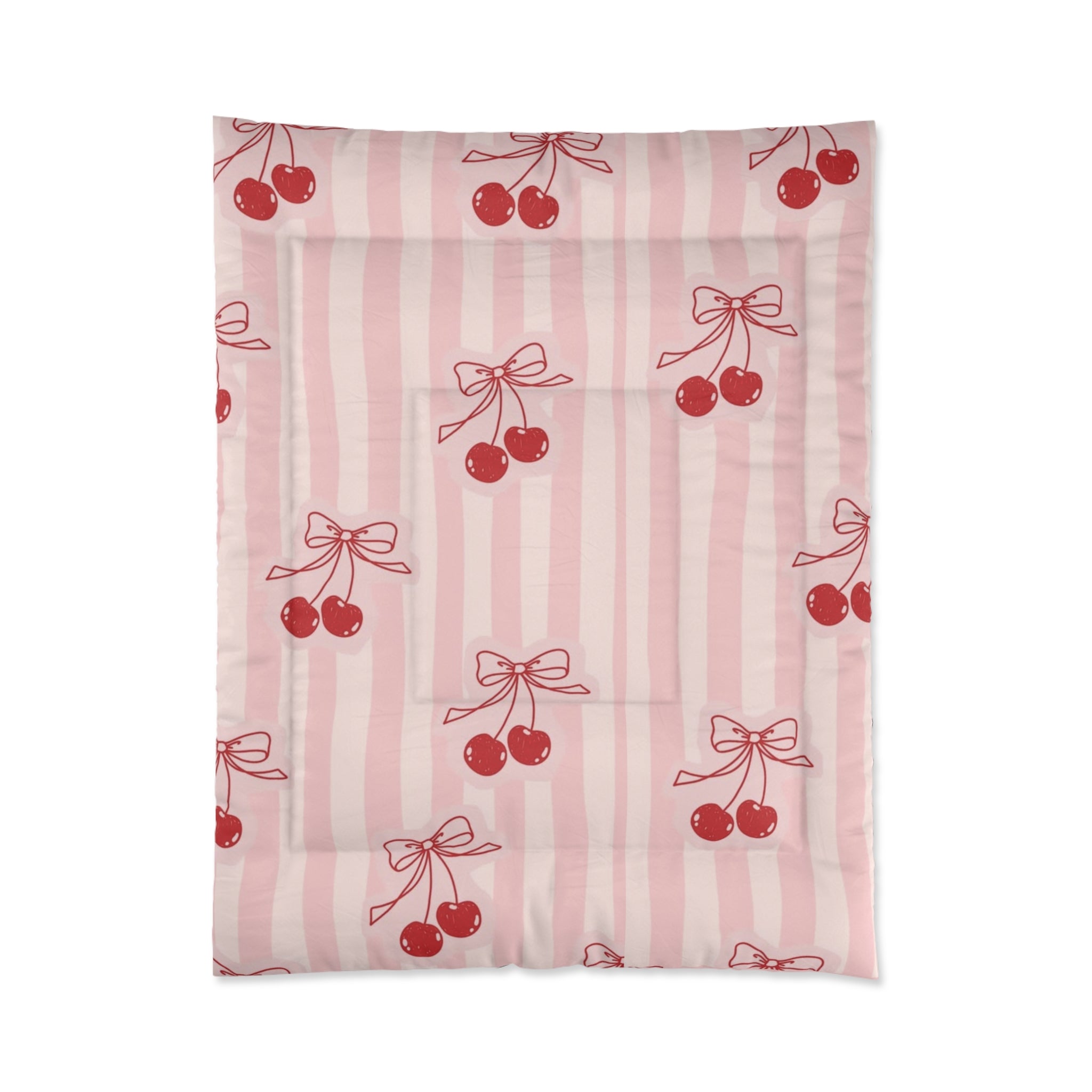 Cherry Bow Comforter - Pink Striped Cherry Print Bedding for Girls & Teens