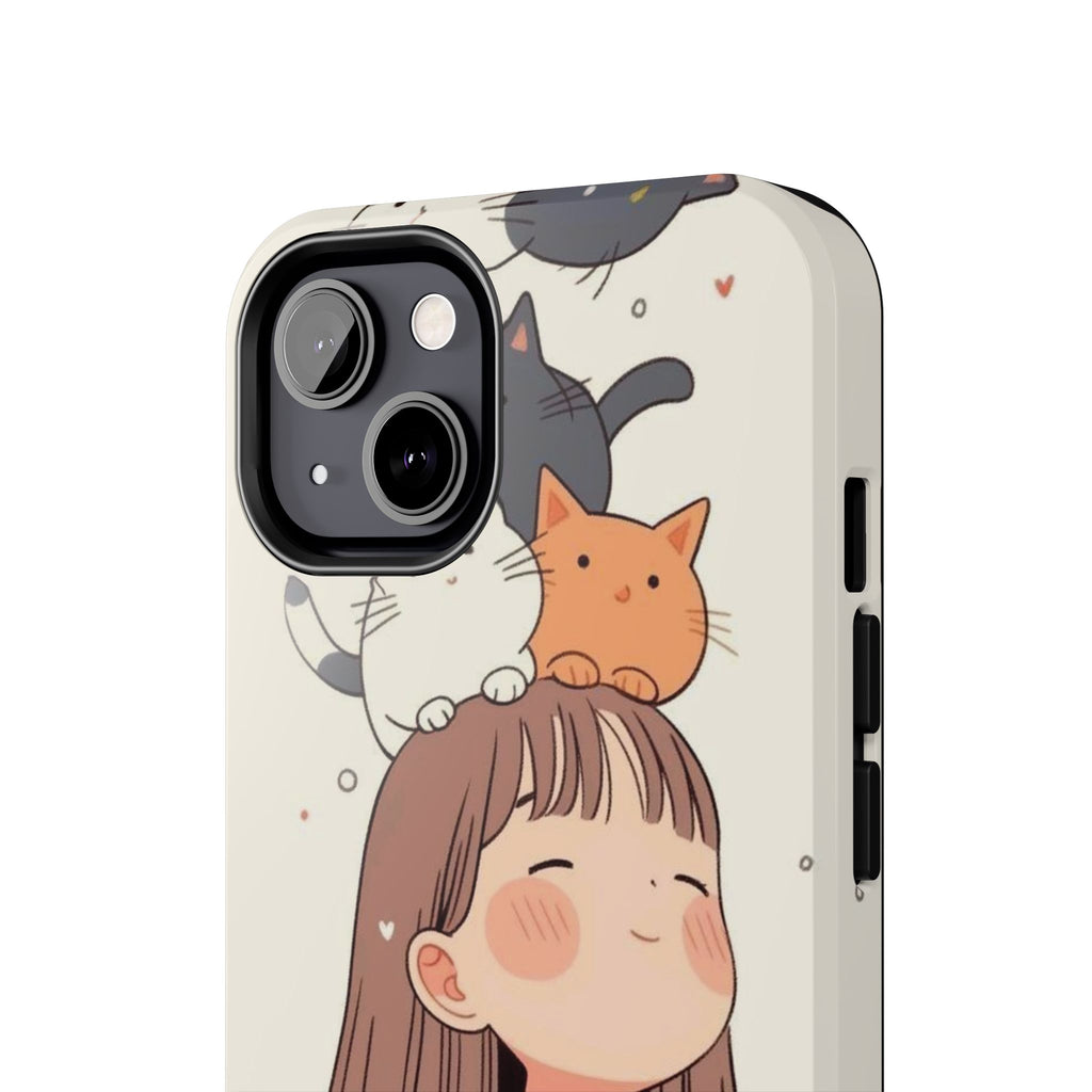 Girl with Cats Phone Case | Cute Cat Stack Illustration