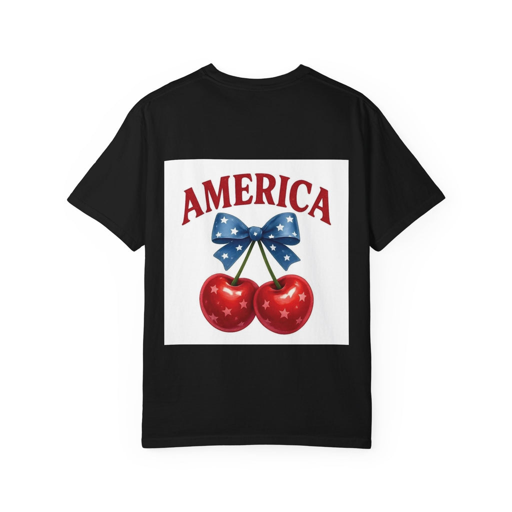 America Cherry Bow T-shirt | Patriotic Stars & Stripes Cherry Design