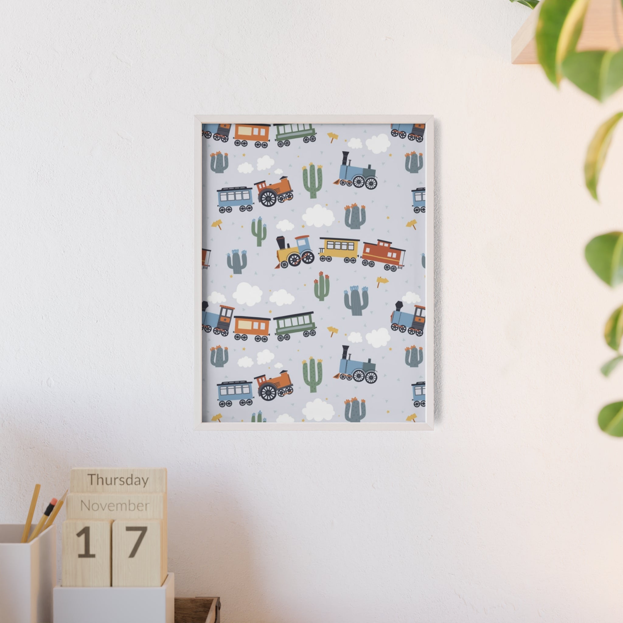 Kids' Train Poster with Wooden Frame — Nursery Wall Art, Playroom Decor