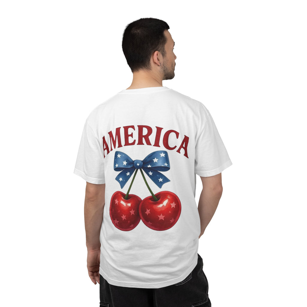 America Cherry Bow T-shirt | Patriotic Stars & Stripes Cherry Design