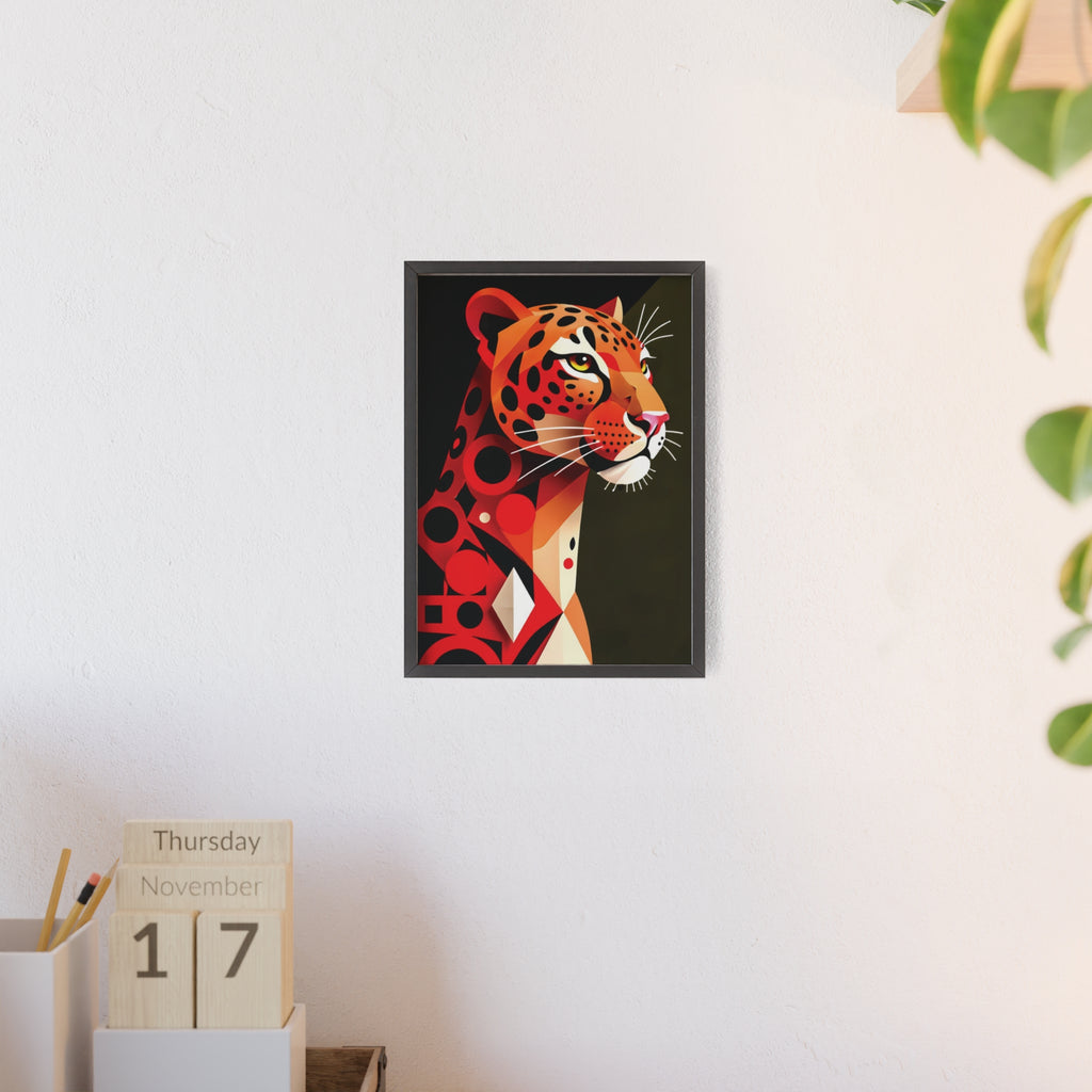 Geometric Leopard Art Poster with Wooden Frame — Bold Wildlife Wall Decor