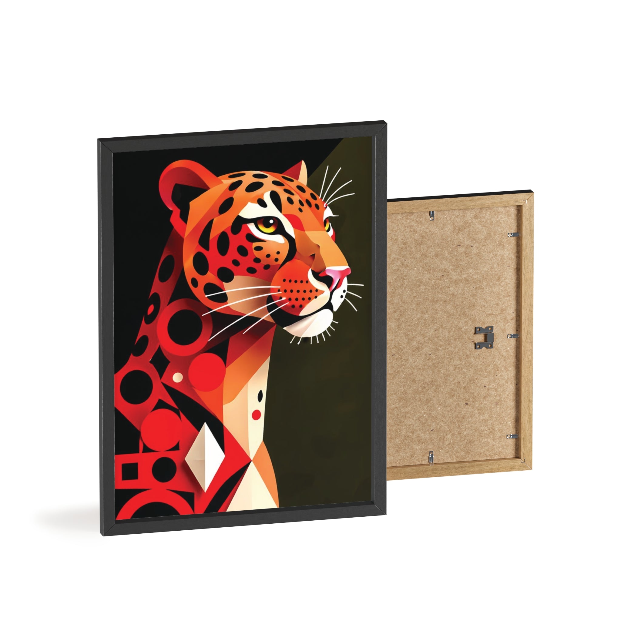 Geometric Leopard Art Poster with Wooden Frame — Bold Wildlife Wall Decor