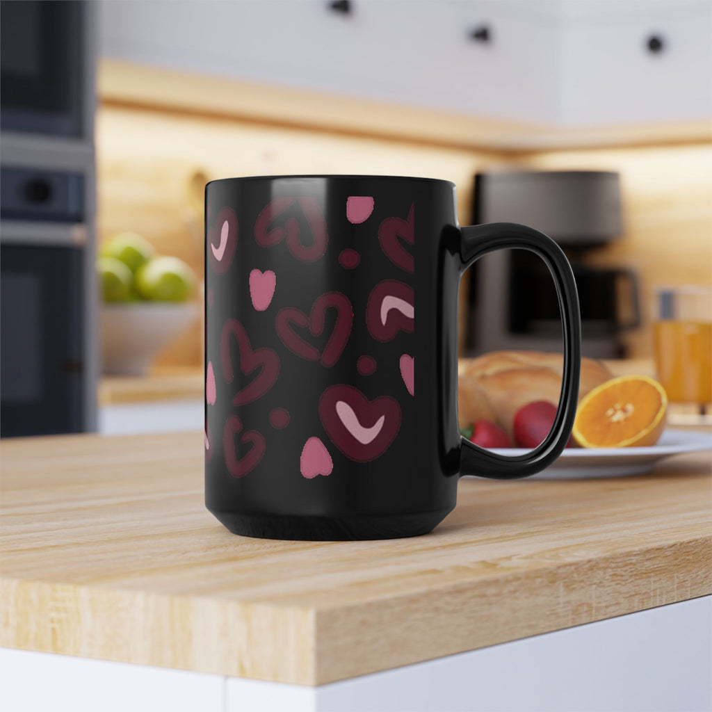Hand-Drawn Pink Hearts Black Mug | Ceramic Heart Pattern Coffee Mug