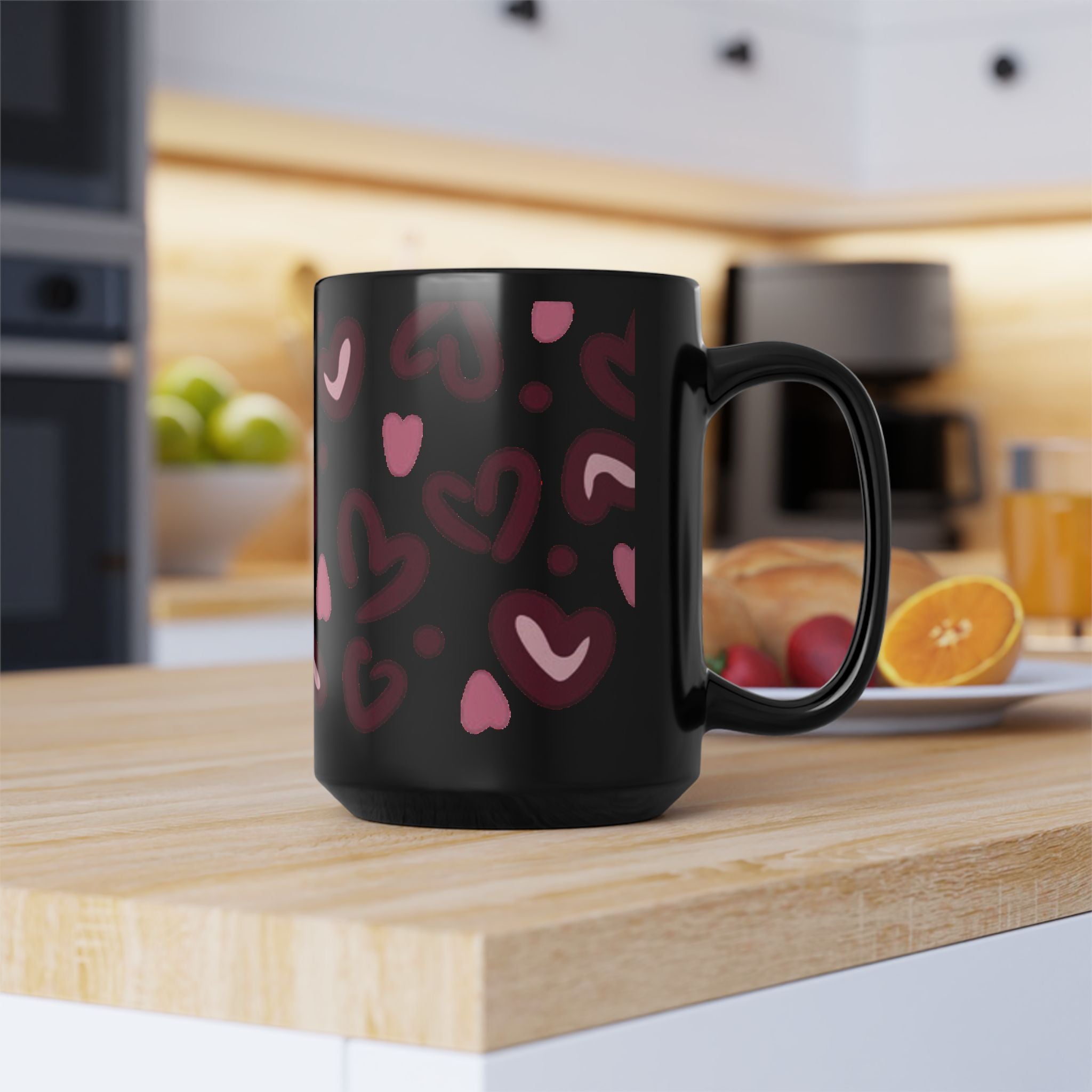 Hand-Drawn Pink Hearts Black Mug | Ceramic Heart Pattern Coffee Mug