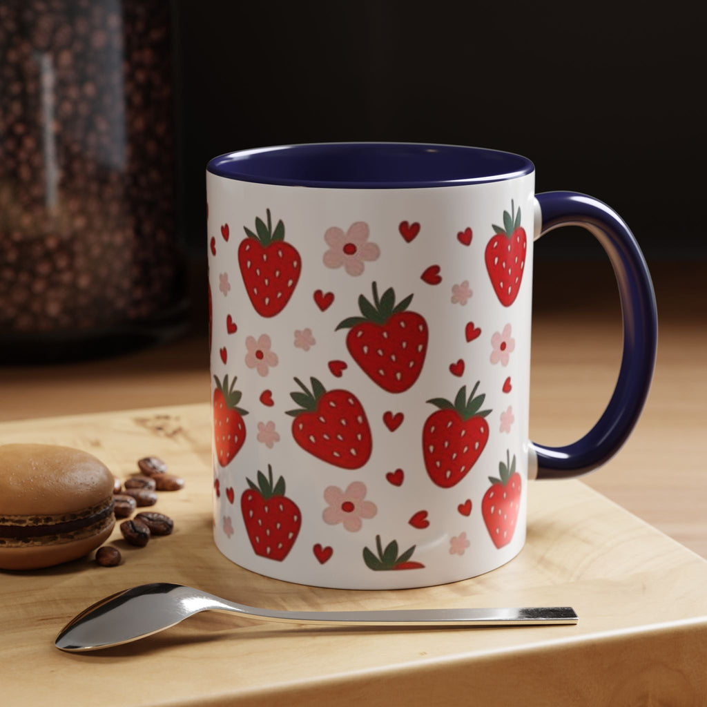 Strawberry Pattern Accent Coffee Mug — Cute Red Berries & Hearts 11/15oz