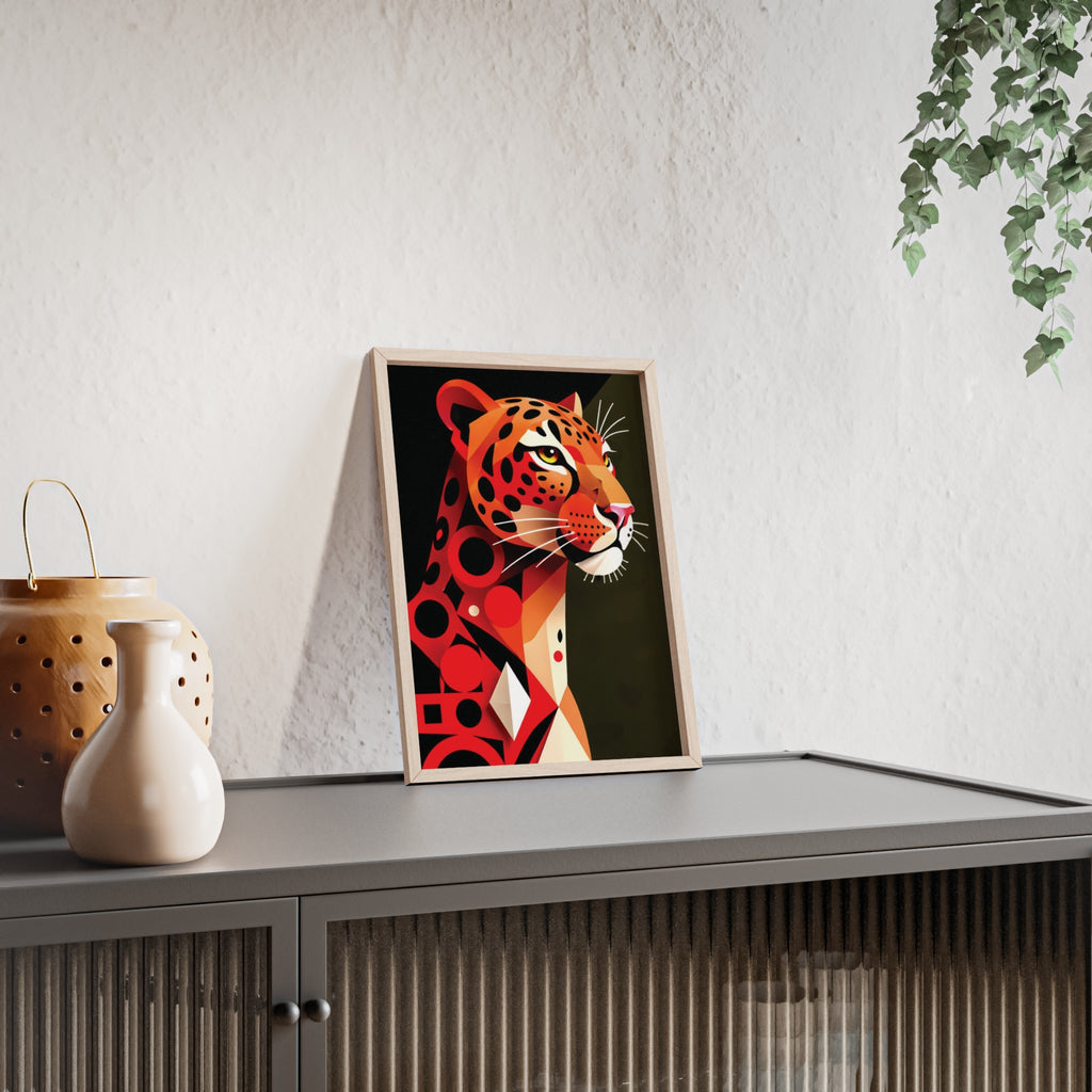 Geometric Leopard Art Poster with Wooden Frame — Bold Wildlife Wall Decor