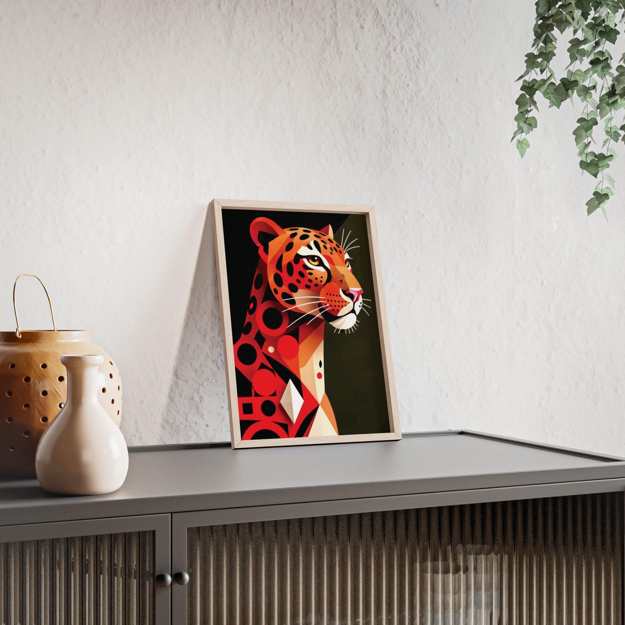 Geometric Leopard Art Poster with Wooden Frame — Bold Wildlife Wall Decor