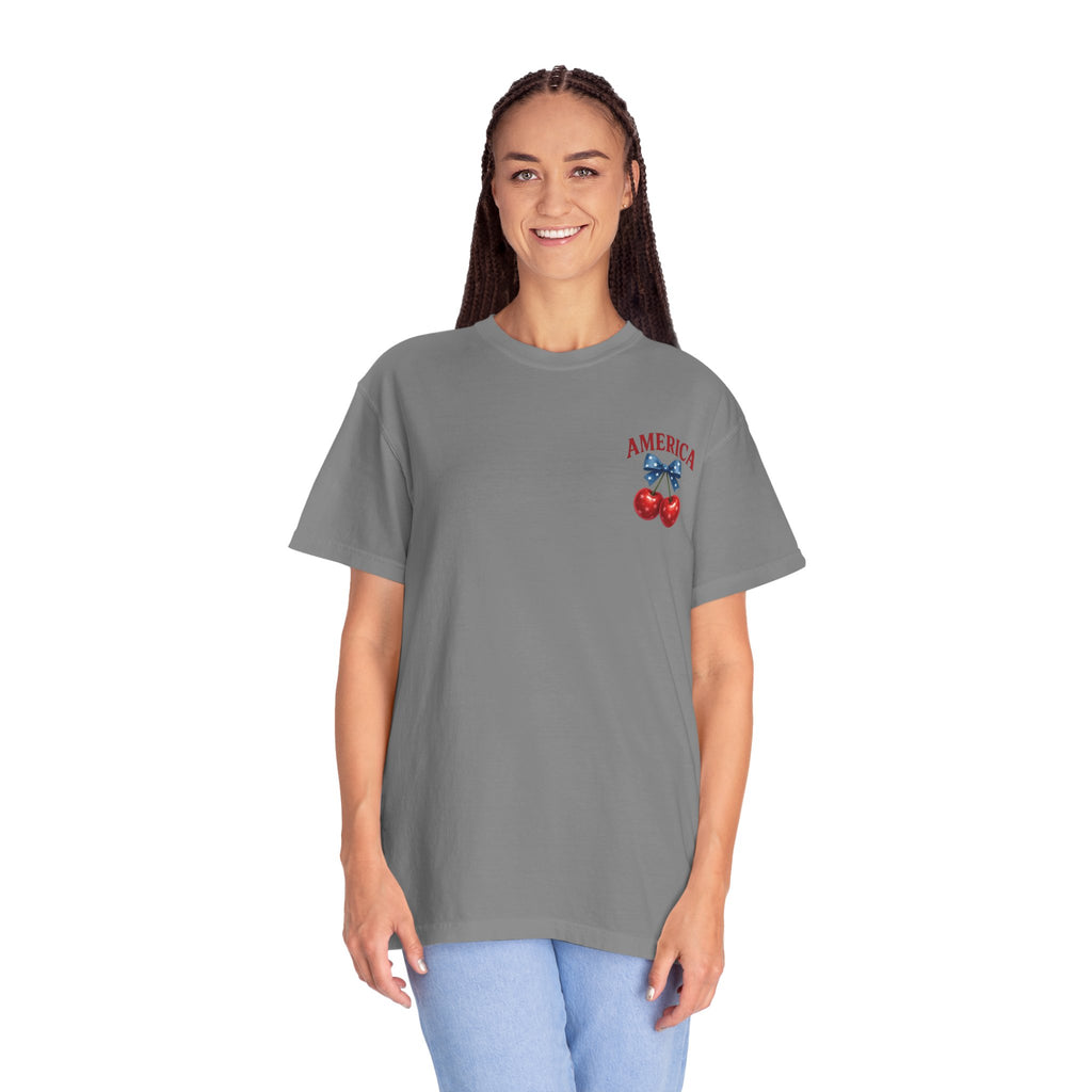 America Cherry Bow T-shirt | Patriotic Stars & Stripes Cherry Design