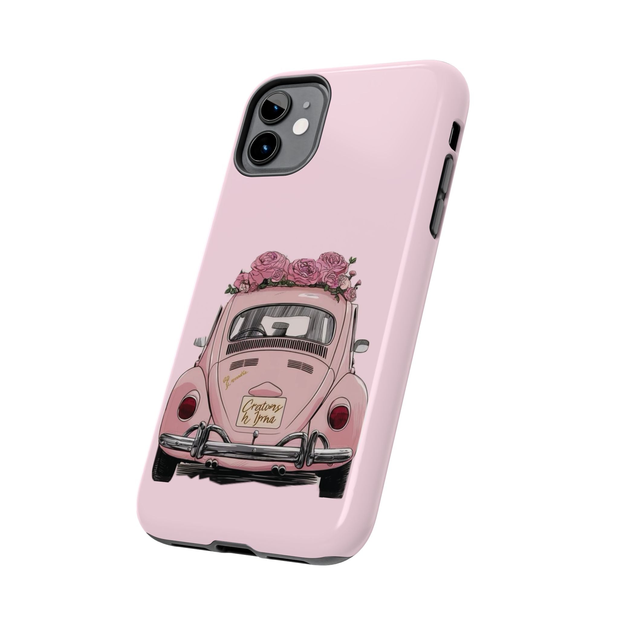 Vintage Pink Beetle with Roses Phone Case | Floral Car Tough Phone Case