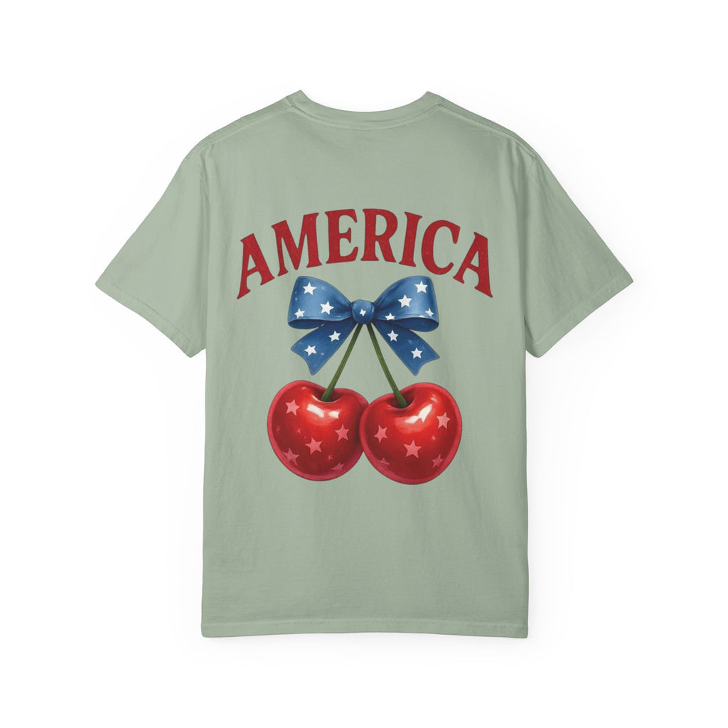 America Cherry Bow T-shirt | Patriotic Stars & Stripes Cherry Design