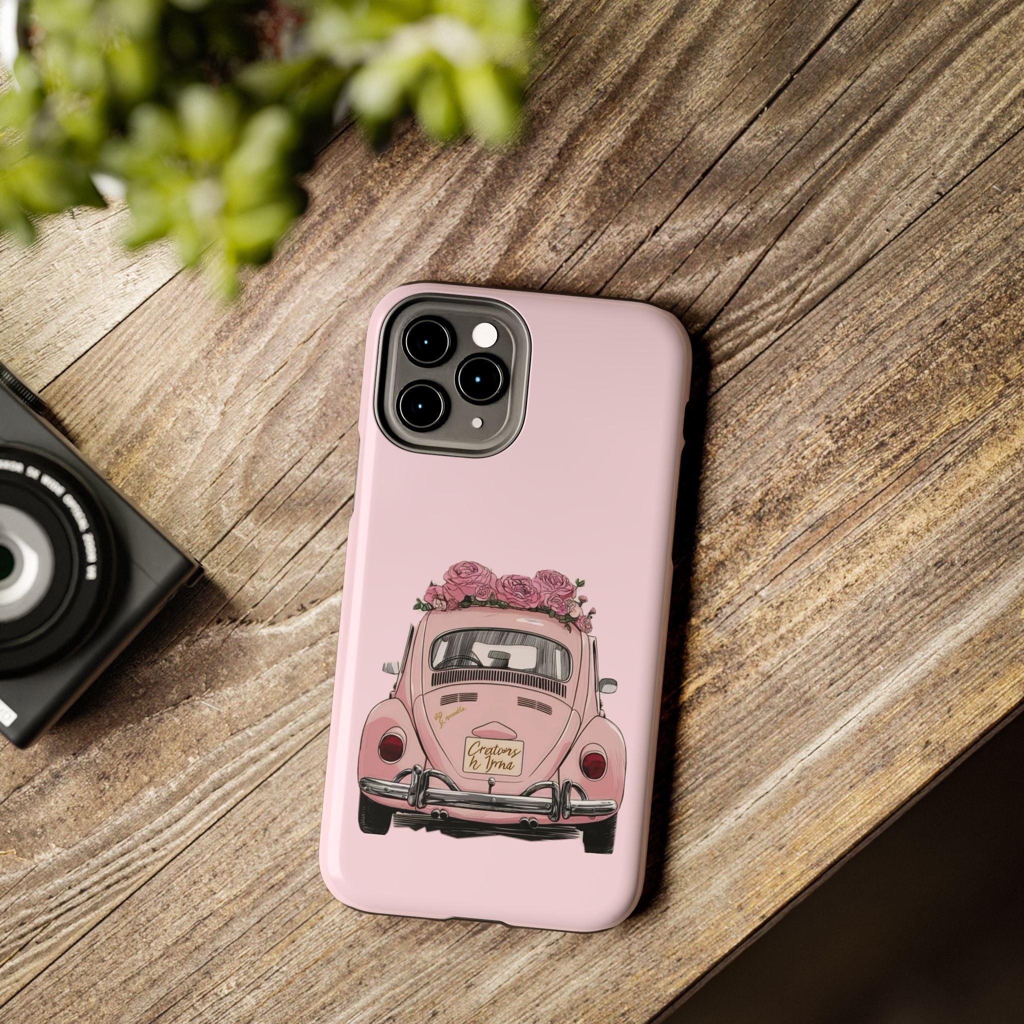 Vintage Pink Beetle with Roses Phone Case | Floral Car Tough Phone Case