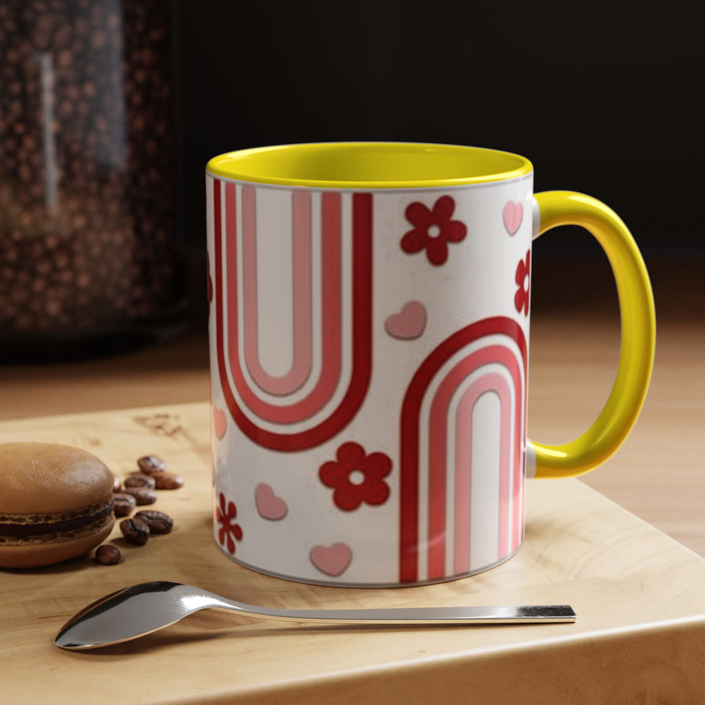 Retro Pink Rainbow Hearts and Flowers Accent Mug | 11oz or 15oz