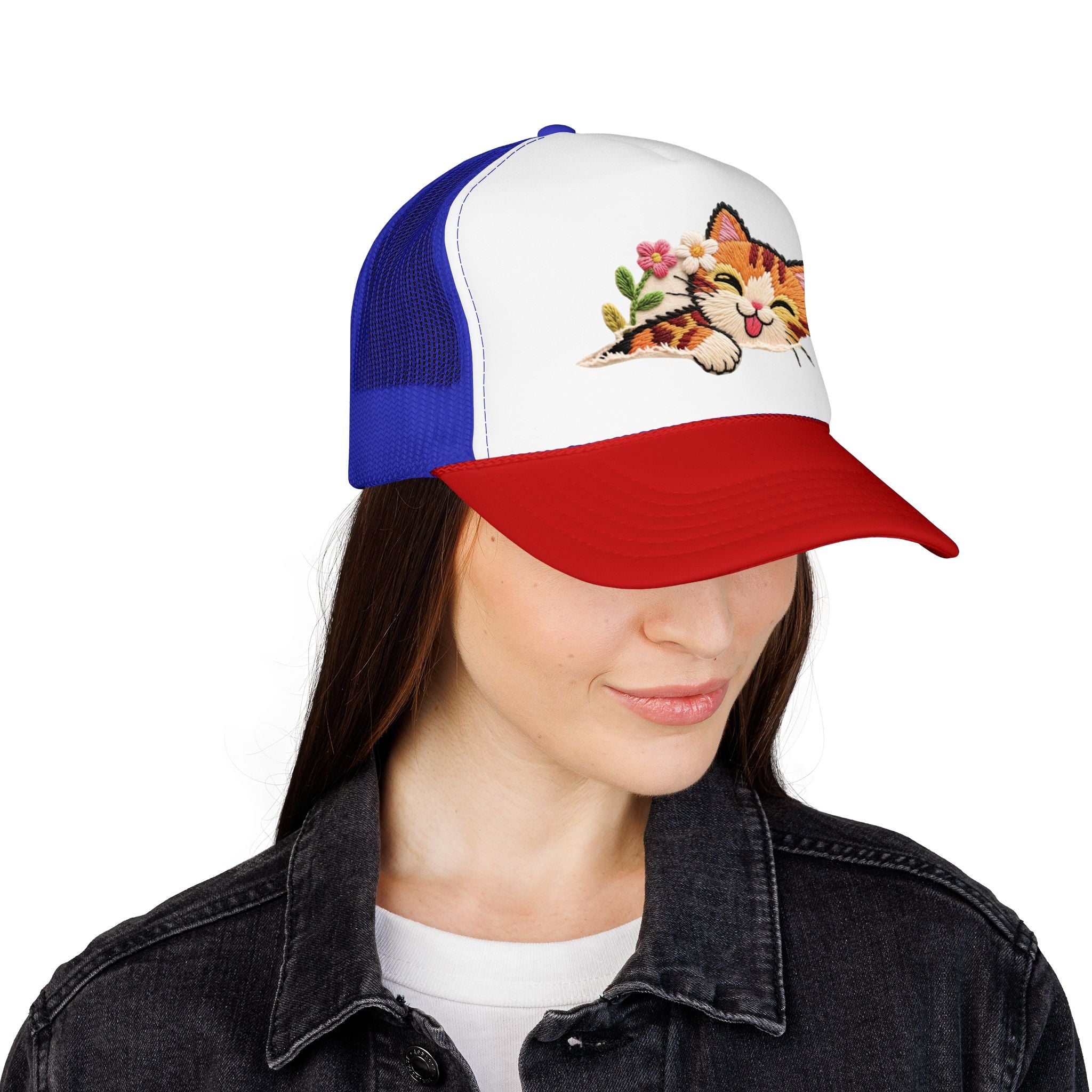 Trucker Hat — Cute Sleeping Calico Cat with Flowers Foam Mesh Cap