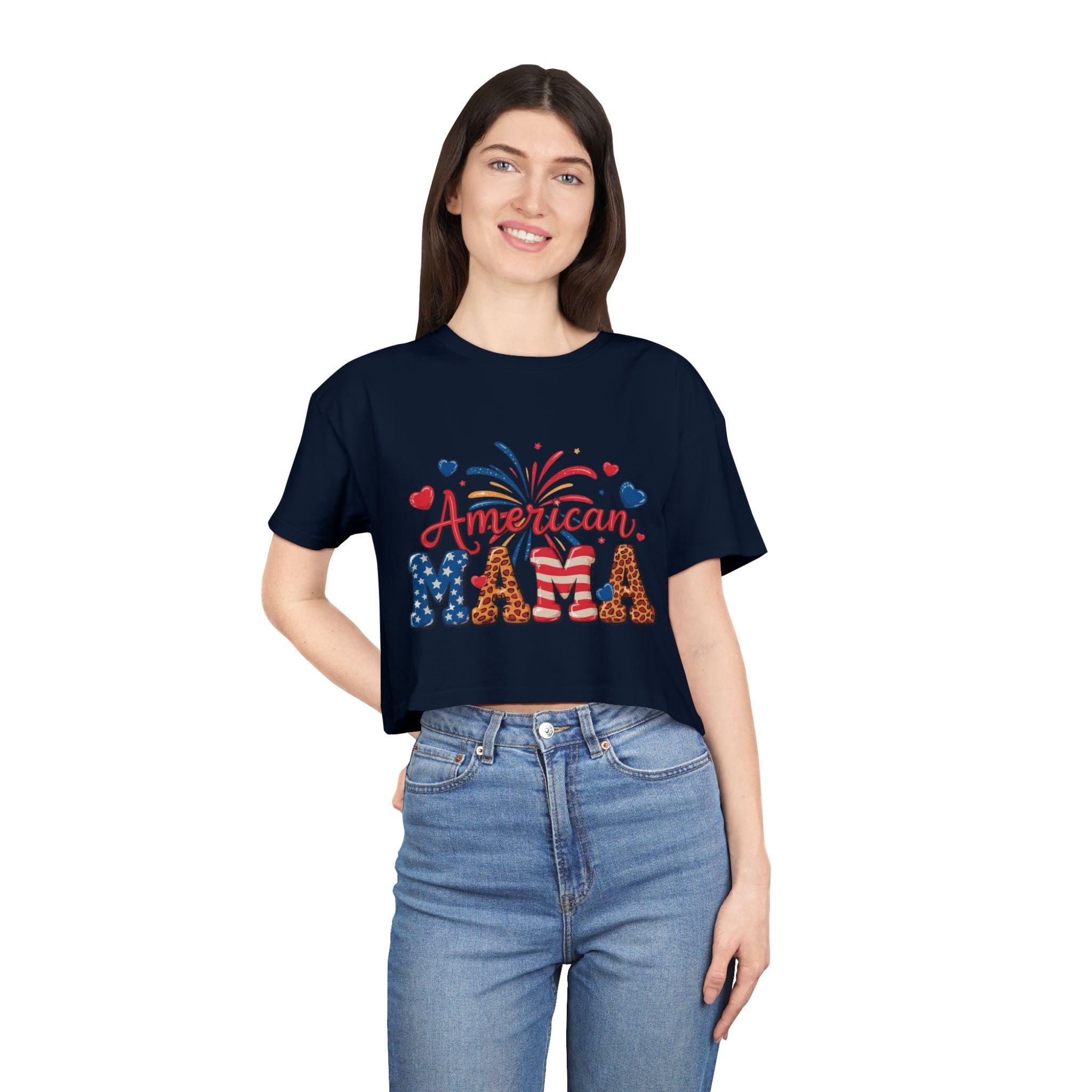 American Mama crop tee | Patriotic Fourth of July fireworks USA design