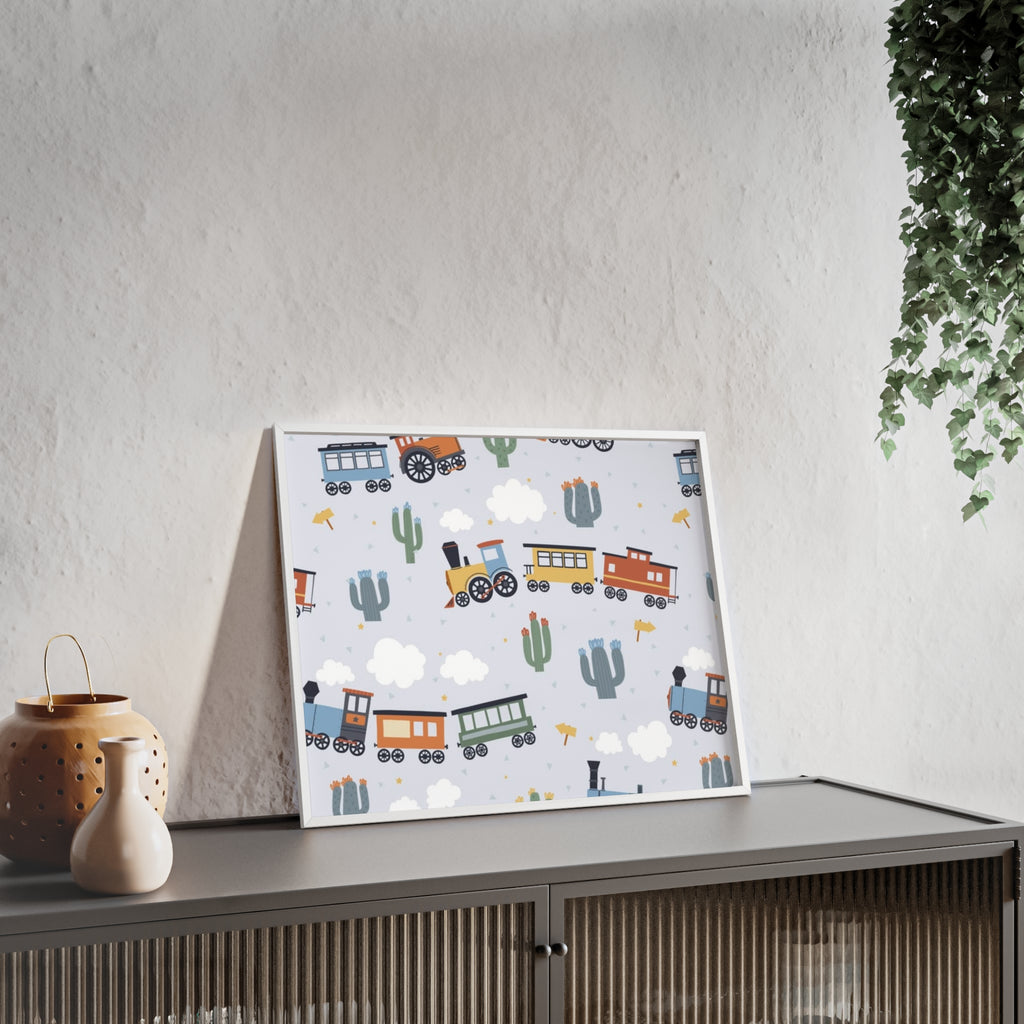 Kids' Train Poster with Wooden Frame — Nursery Wall Art, Playroom Decor