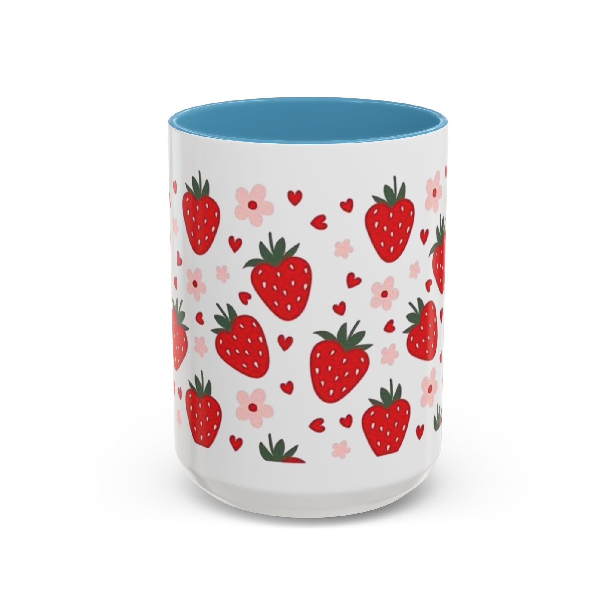 Strawberry Pattern Accent Coffee Mug — Cute Red Berries & Hearts 11/15oz