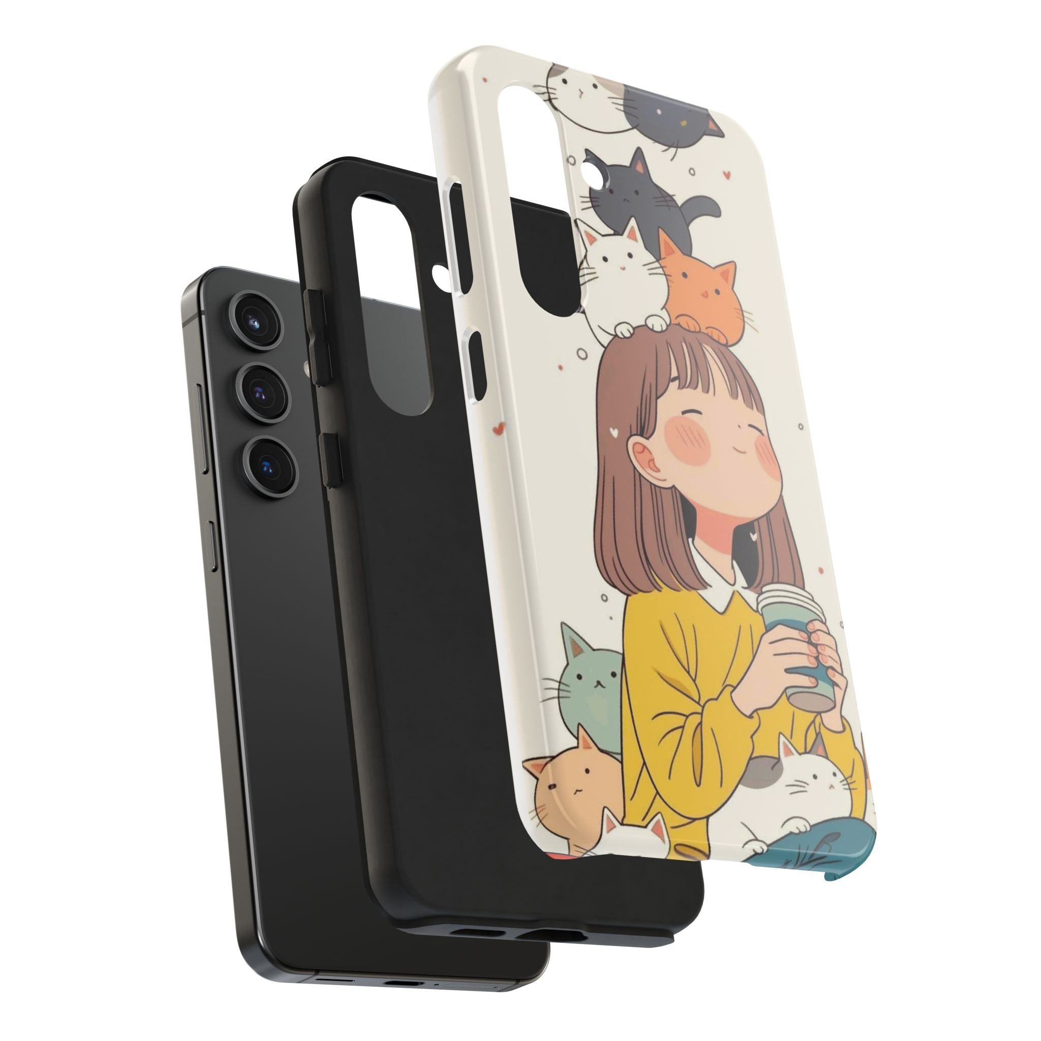 Girl with Cats Phone Case | Cute Cat Stack Illustration
